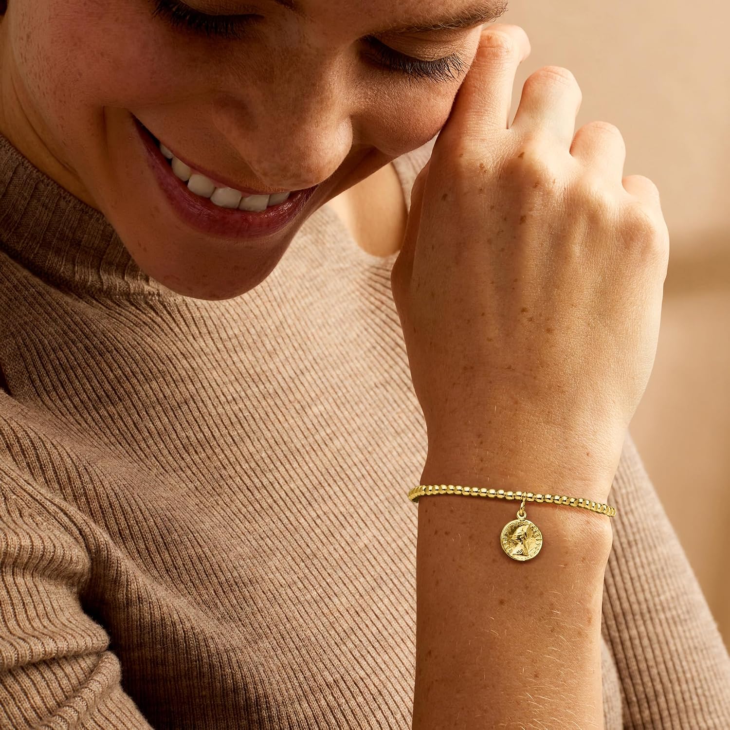 Pure Collection by Ross-Simons Italian 3mm 18kt Gold Vermeil Bead Stretch Bracelet With Replica Lira Coin Charm