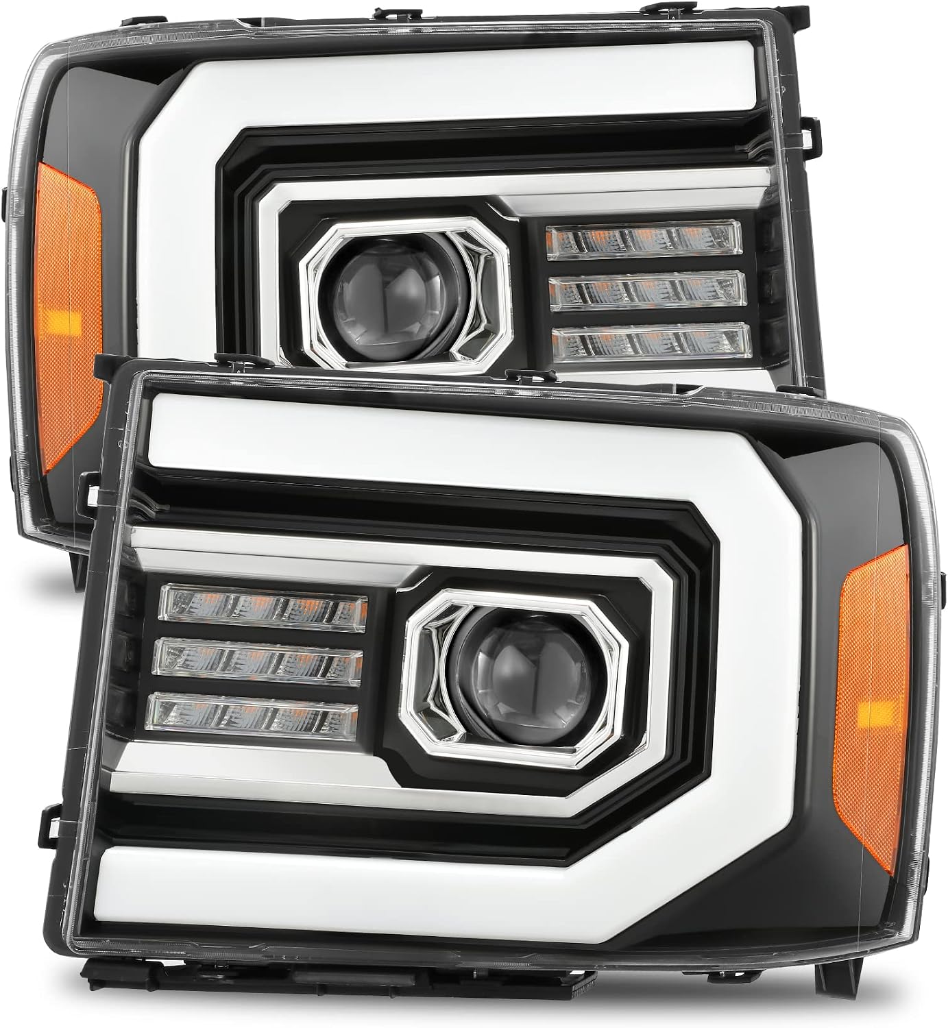 AlphaRex Pro-Series Jet Black Fit 07-13 GMC Sierra 1500/07-14 Sierra 2500HD/3500HD LED DRL Tube Dual Projector Headlights
