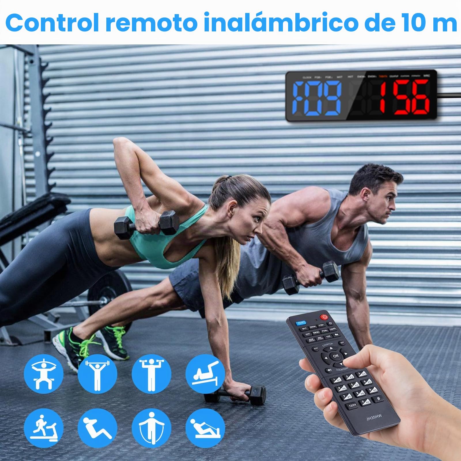 Temporizador de Gimnasio, 16.5" Grande Reloj de Pared Digital Temporizador de Intervalo LED con Countdown & Up Cronómetro, Brillo & Volumen Ajustable, Gym Timer con Control Remoto para Casa