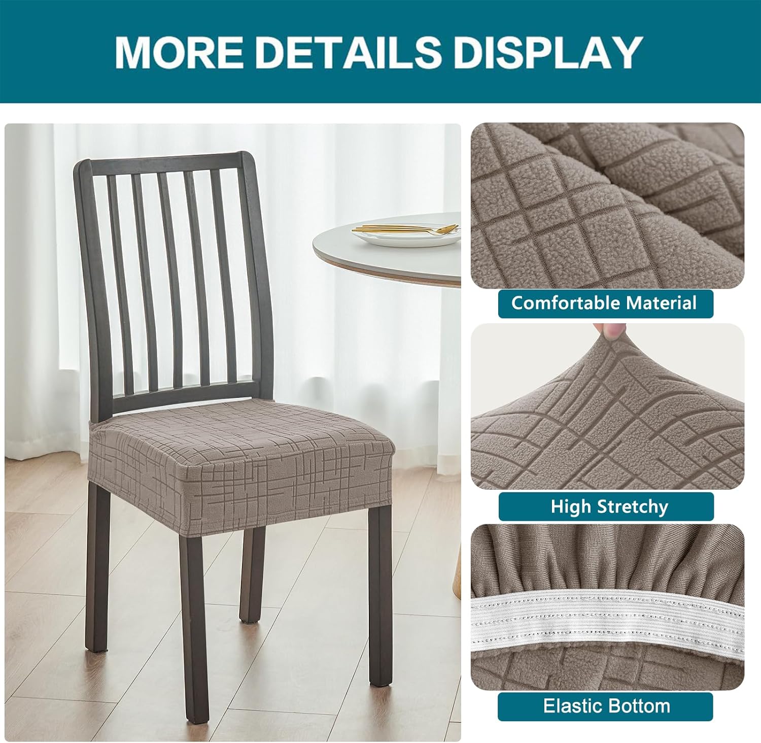 KRFOONN Stretch Seat Covers for Dining Room Chairs Set of 6 Jacquard No Rear Chair Covers Kitchen Chair Cover Removable Washable Chairs Seat Cushion Cover Chair Seat Slipcovers Protector, Khaki