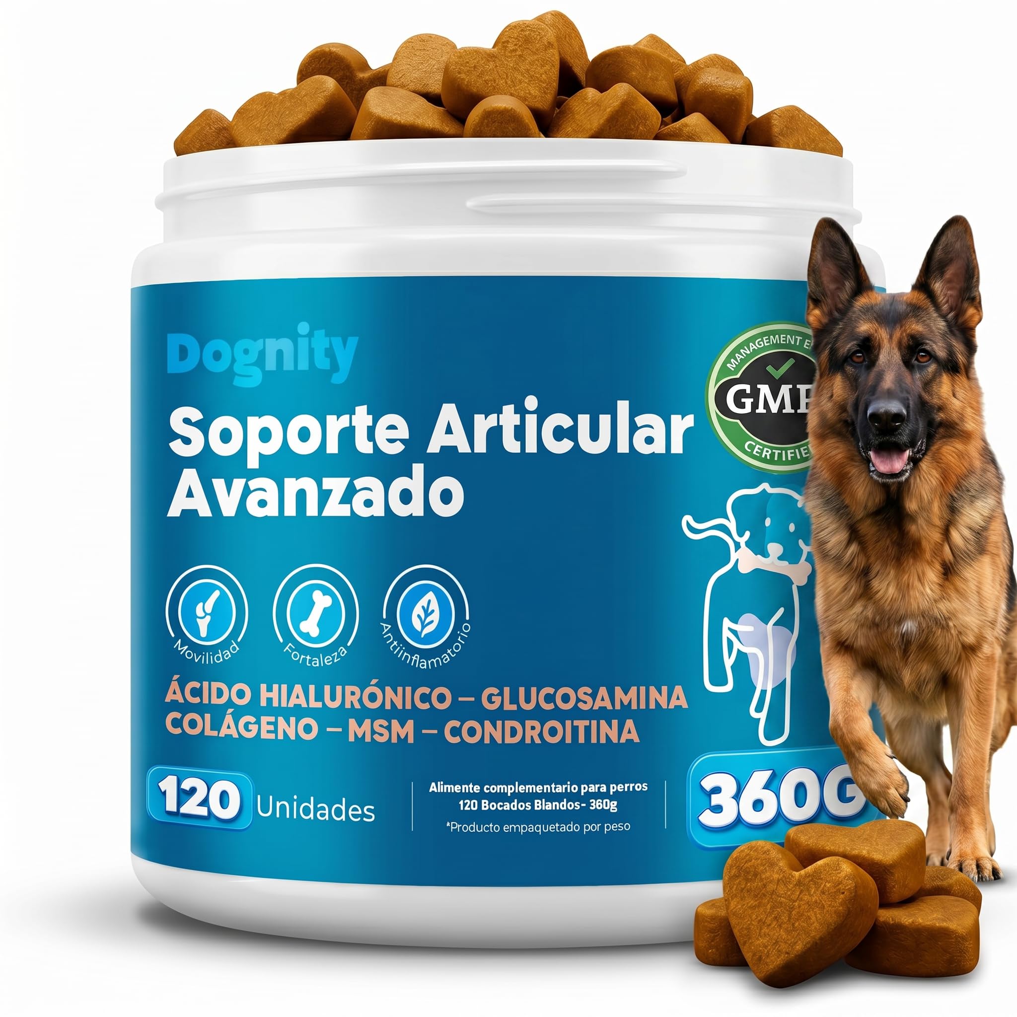 Bocados Blandos Condroprotector Perros Articulaciones Cadera Movilidad GMP+ | Suplemento articular glucosamina condroitina colageno hialuronico natural senior razas grandes 120 bocados 360g