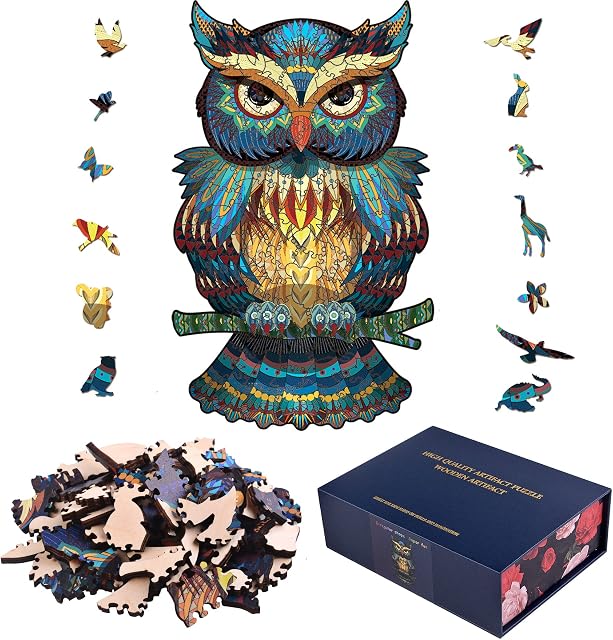 HOMMFAIR Wooden Jigsaw Puzzle,3D Colorful Owl Puzzle for Kids Unique Animal Shape Jigsaw Pieces Animal Wooden Puzzle Toys for Family Game Play Collection Best Gift,Brain Training 100 Cards