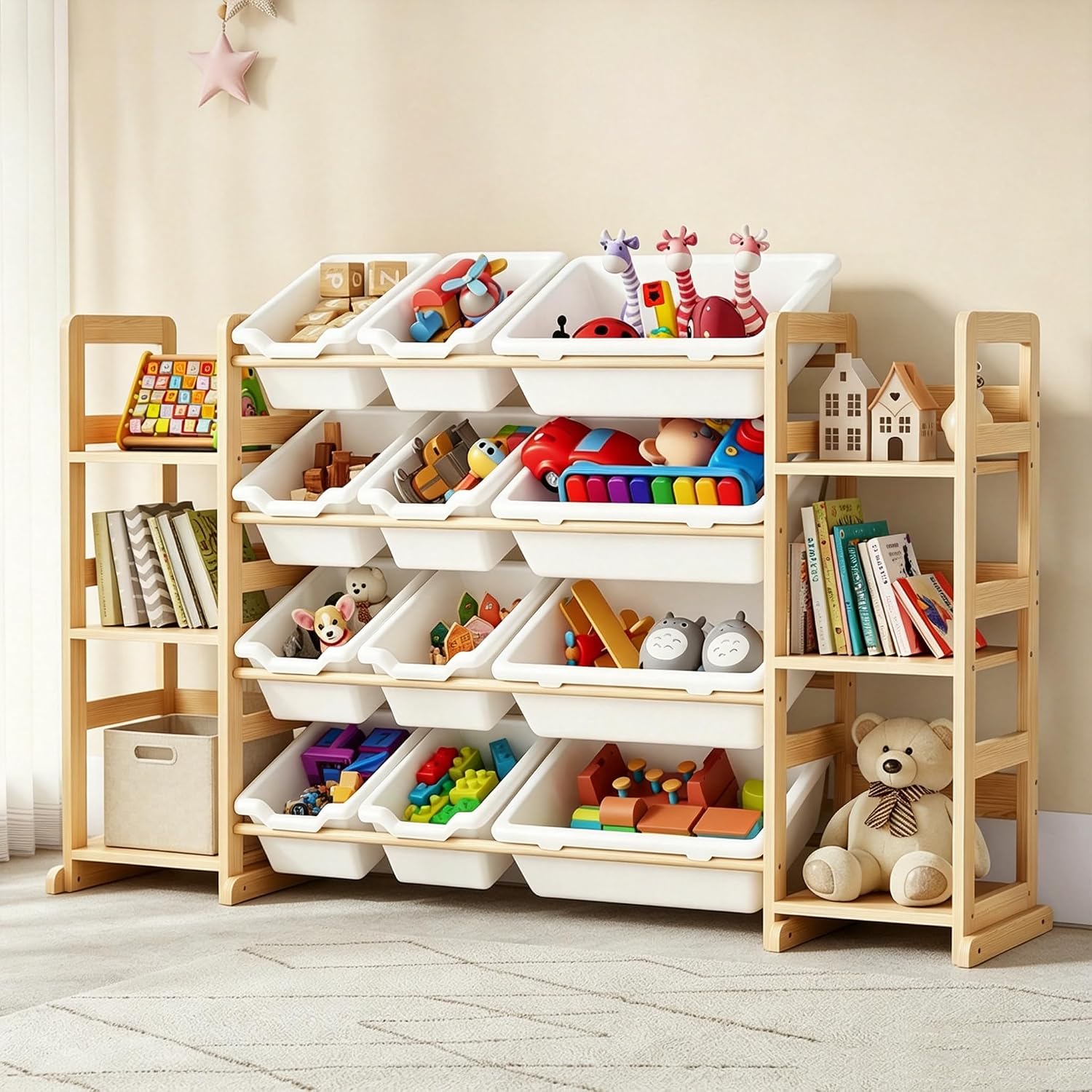 Toy Storage Organizer with 6 Tier Shelves & 12 Removable Bins, Kids Toy Bookcase Bookshelf, Multi-Purpose Playroom Bedroom Toy Bin Storage Cabinet, 52.3 Inch Wide