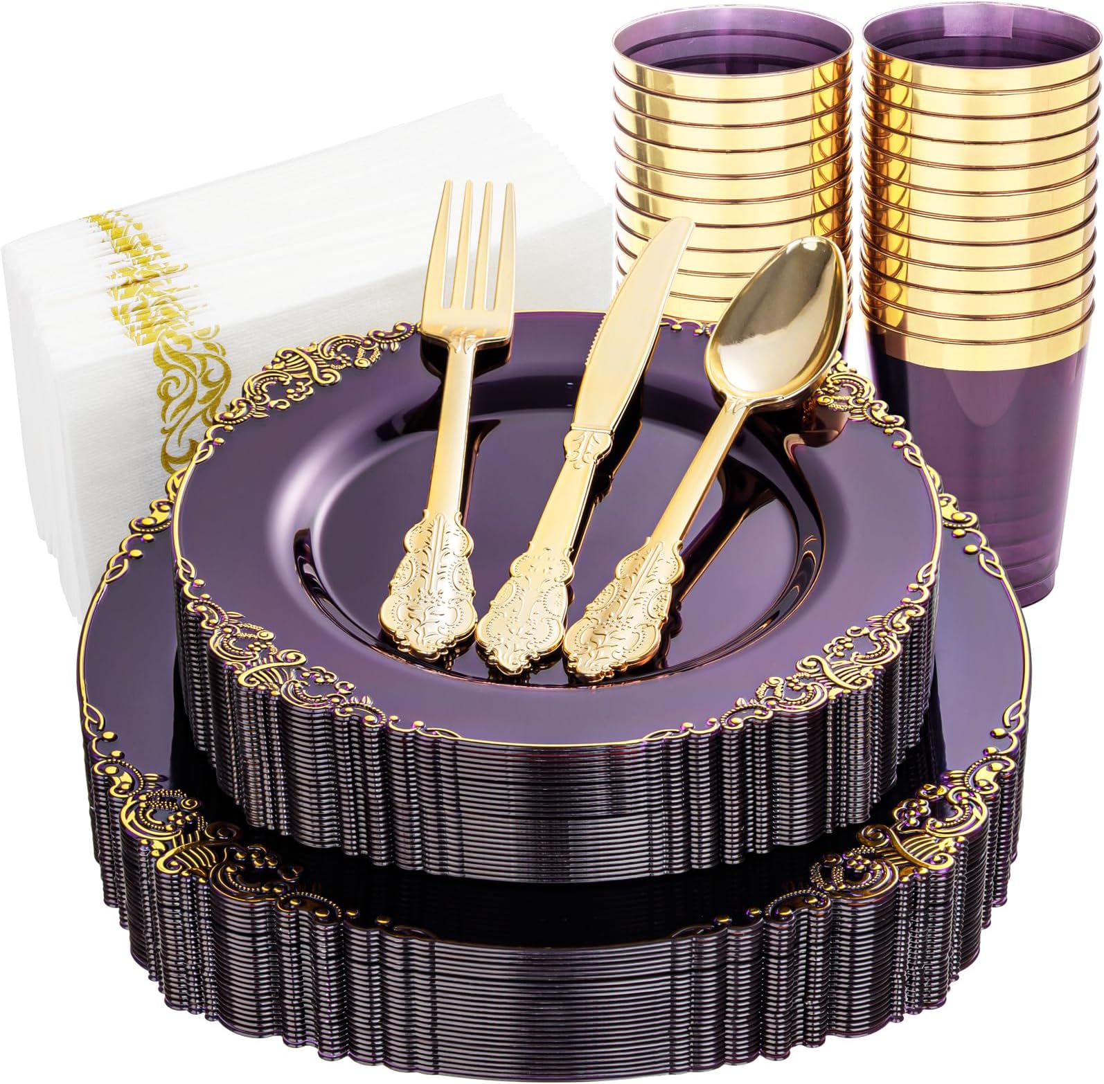 175PCS Clear Purple Plastic Plates - Purple Party Plates Set for 25 Guests Include 25Dinner Plate, 25Dessert Plate, 25Cups, 75 Cutlery, 25Napkins Perfect for Wedding, Party & Bridal
