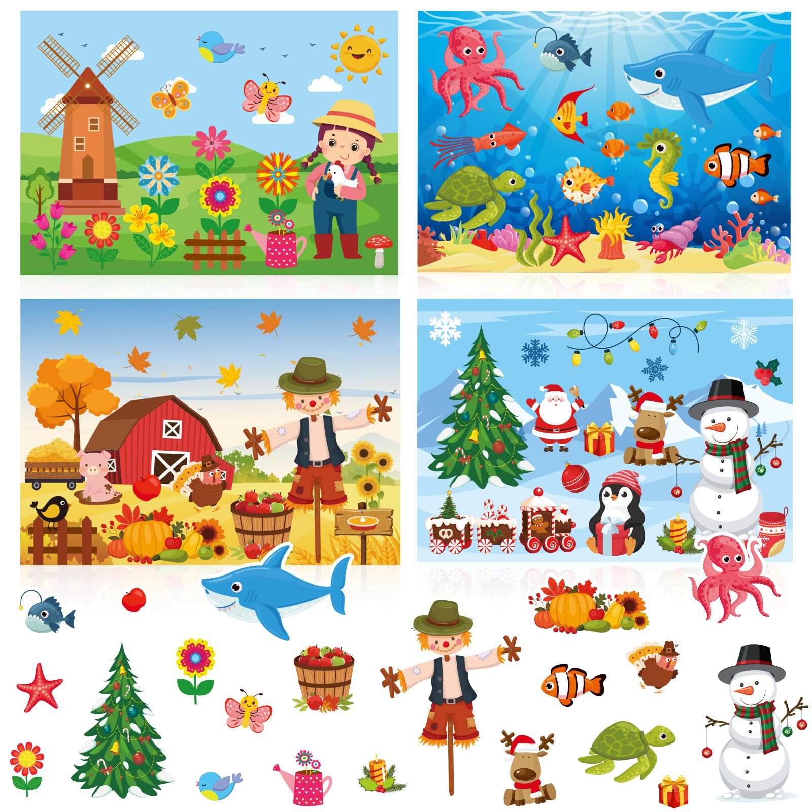 JarThenaAMCS 24Pcs Seasonal Stickers DIY Your Own Spring Summer Fall Winter Adhesive Sticker Decals with Scene Cardboards for Party Game Class Activities