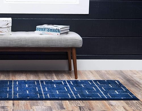 Miniatura 3 de Tapete único Loom Marilyn Monroe Glam Collection Enrejado geométrico texturizado, Azul marinopleateado metálico