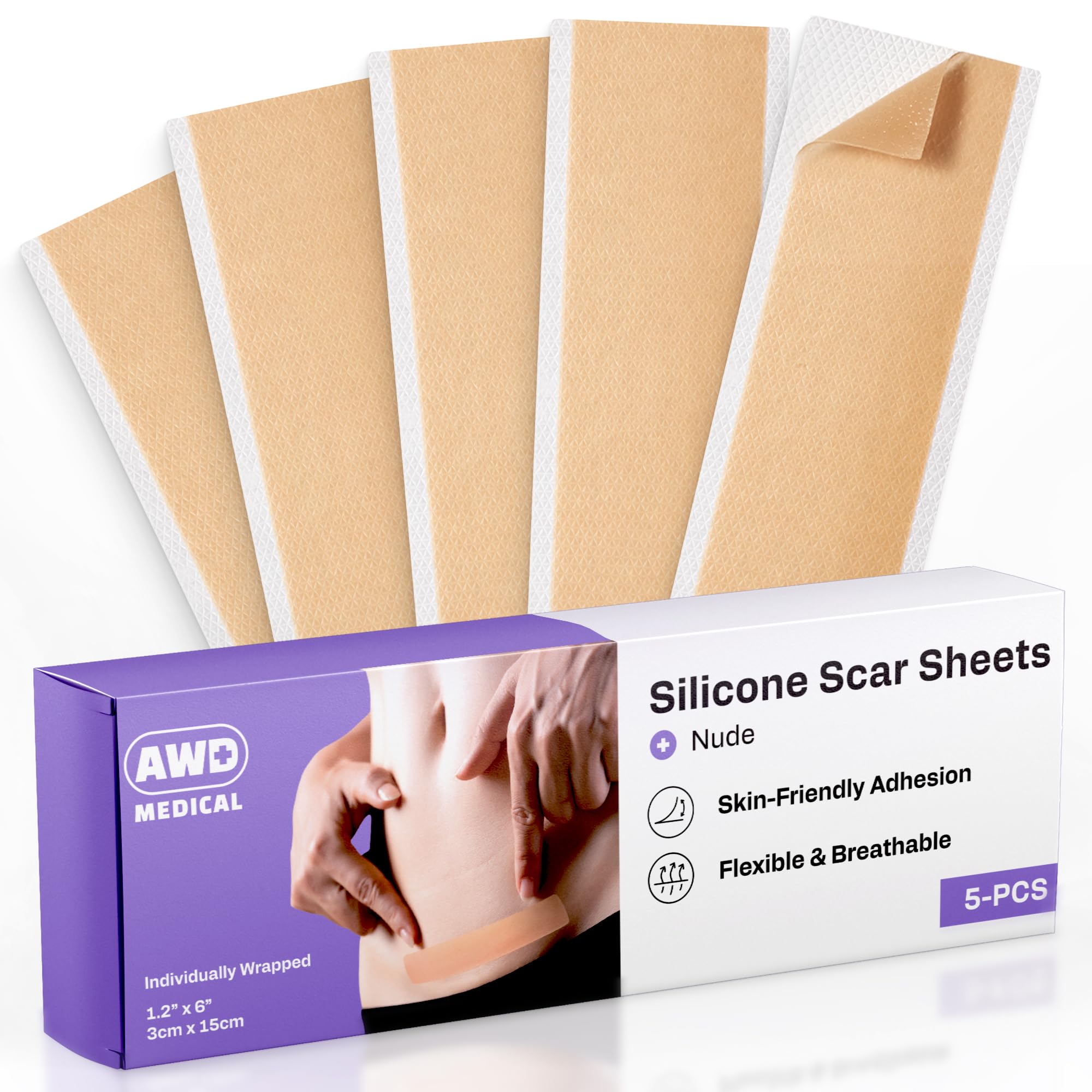 AWD Silicone Scar Sheets for Scar Removal - Silicone Scar Tape for Surgical Scars, C Section, Keloid, Tummy Tuck Tape - Silicone Skin Patches After Surgery Must Haves (5 Pcs, 1.2” x 6”), Nude