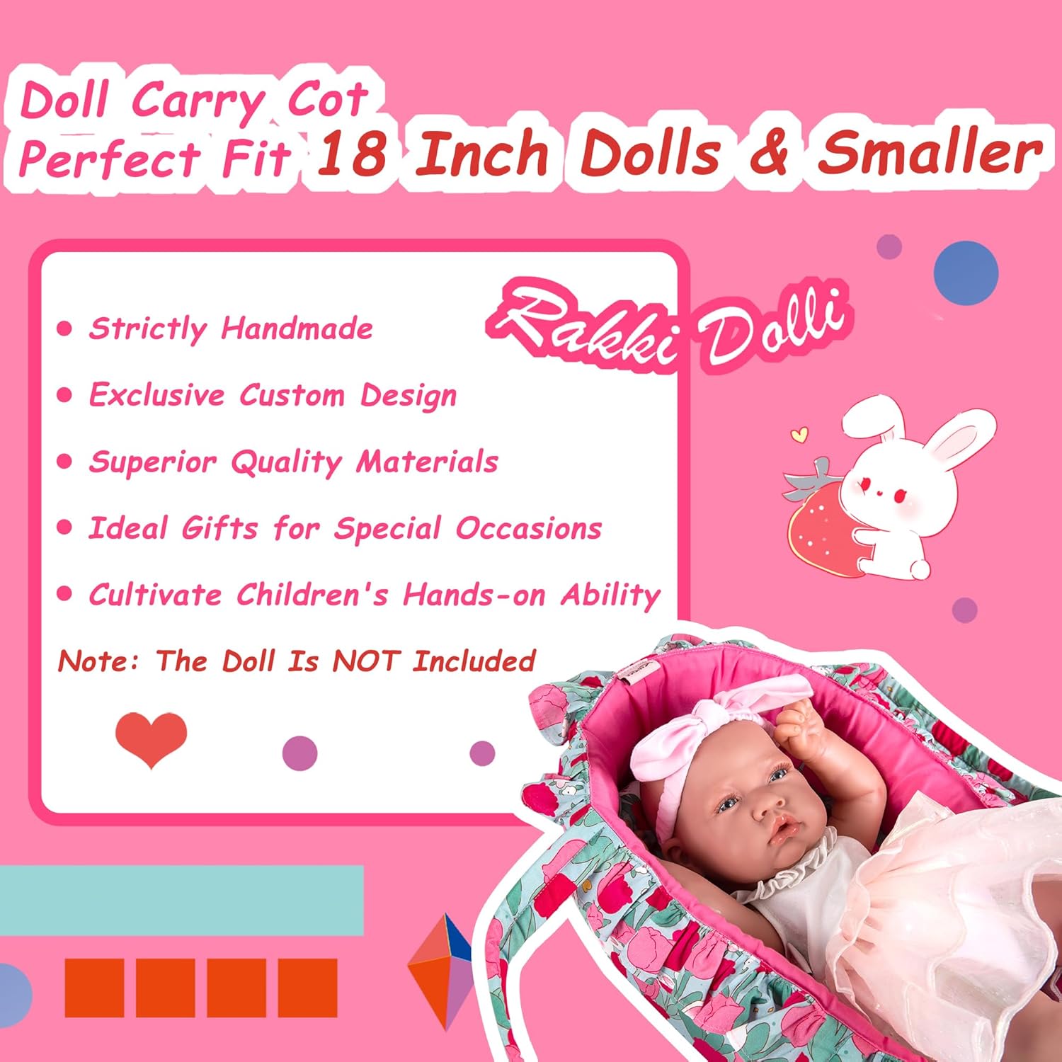 Rakki Dolli Doll Carry Cot Set, Soft 3PC Set Includes Cot, Mattress and Pillow, Rose Rabbit Doll Bassinet, Fits for 10-12 Inch American Girl Dolls