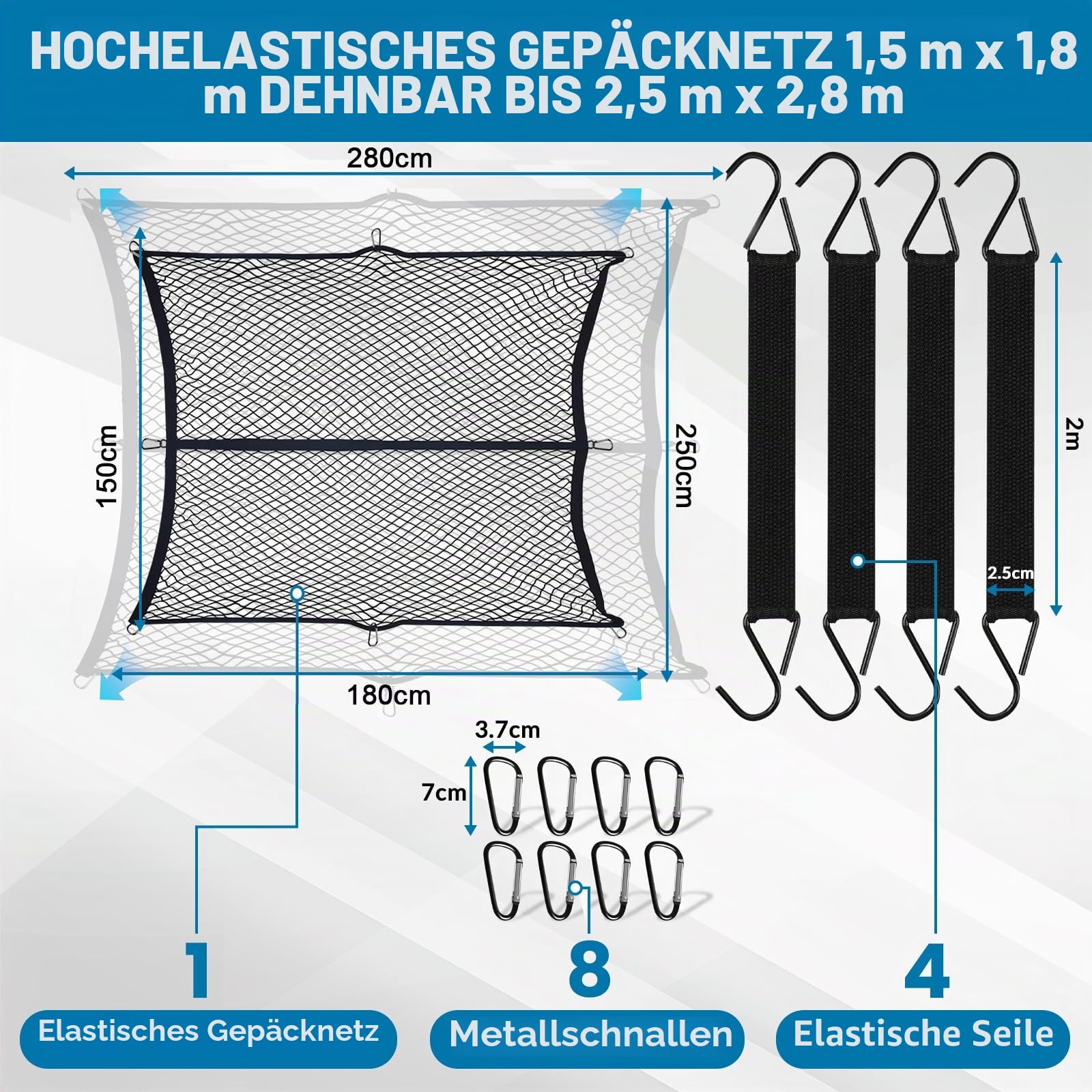 Hochelastisches Gepäcknetz, 1,5 x 1,8 m dehnbar bis 2,5 m x 2,9 m (Einlagig), LKW-Frachtnetz, Netz-Organizer, mit 8 x Stahlkarabiner + 4 x Haltegurt, Gepäckfixierung für LKW Auto Wohnmobil