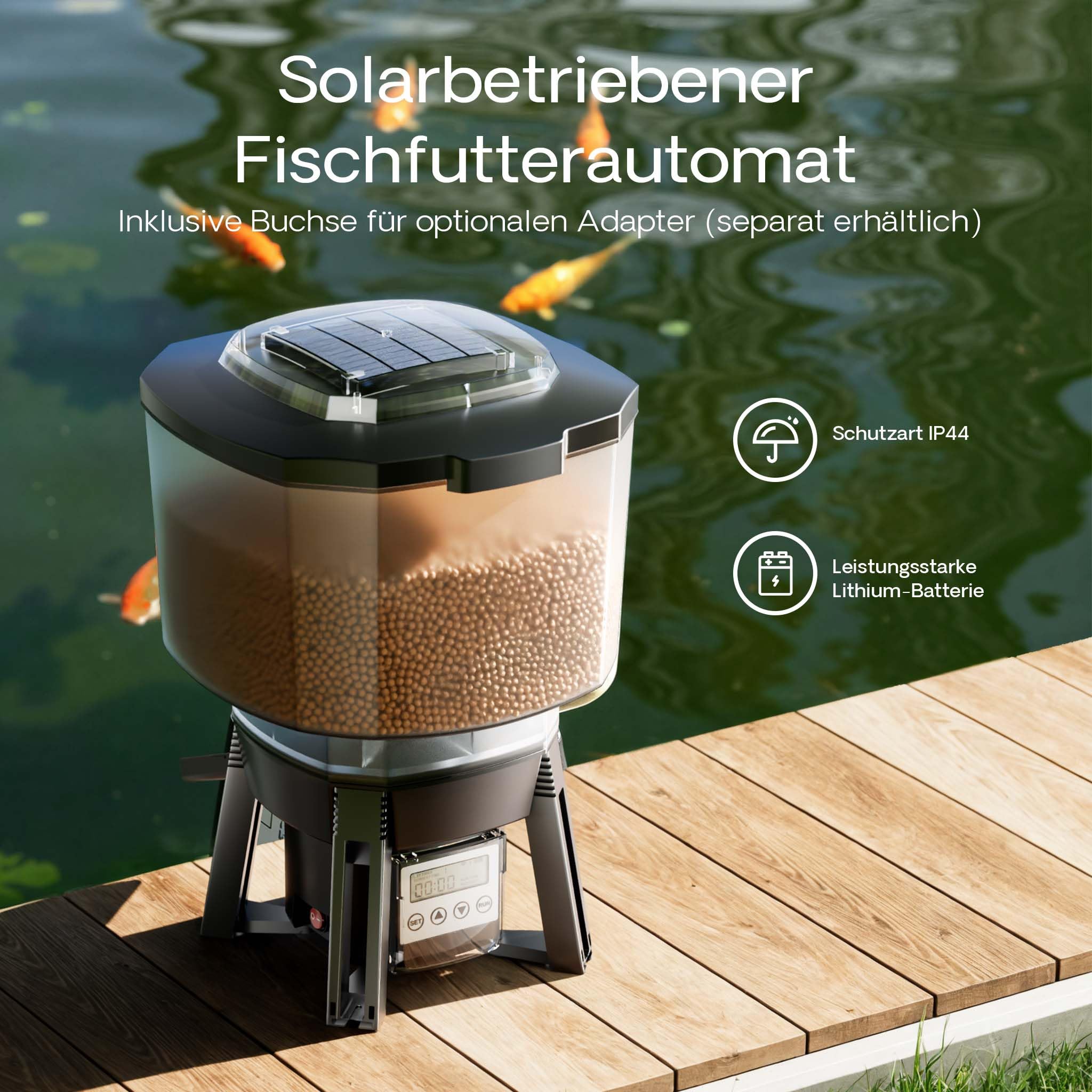 SunSun CFF-212 solarbetriebener Fischfutterautomat, programmierbarer Futterspender 12L