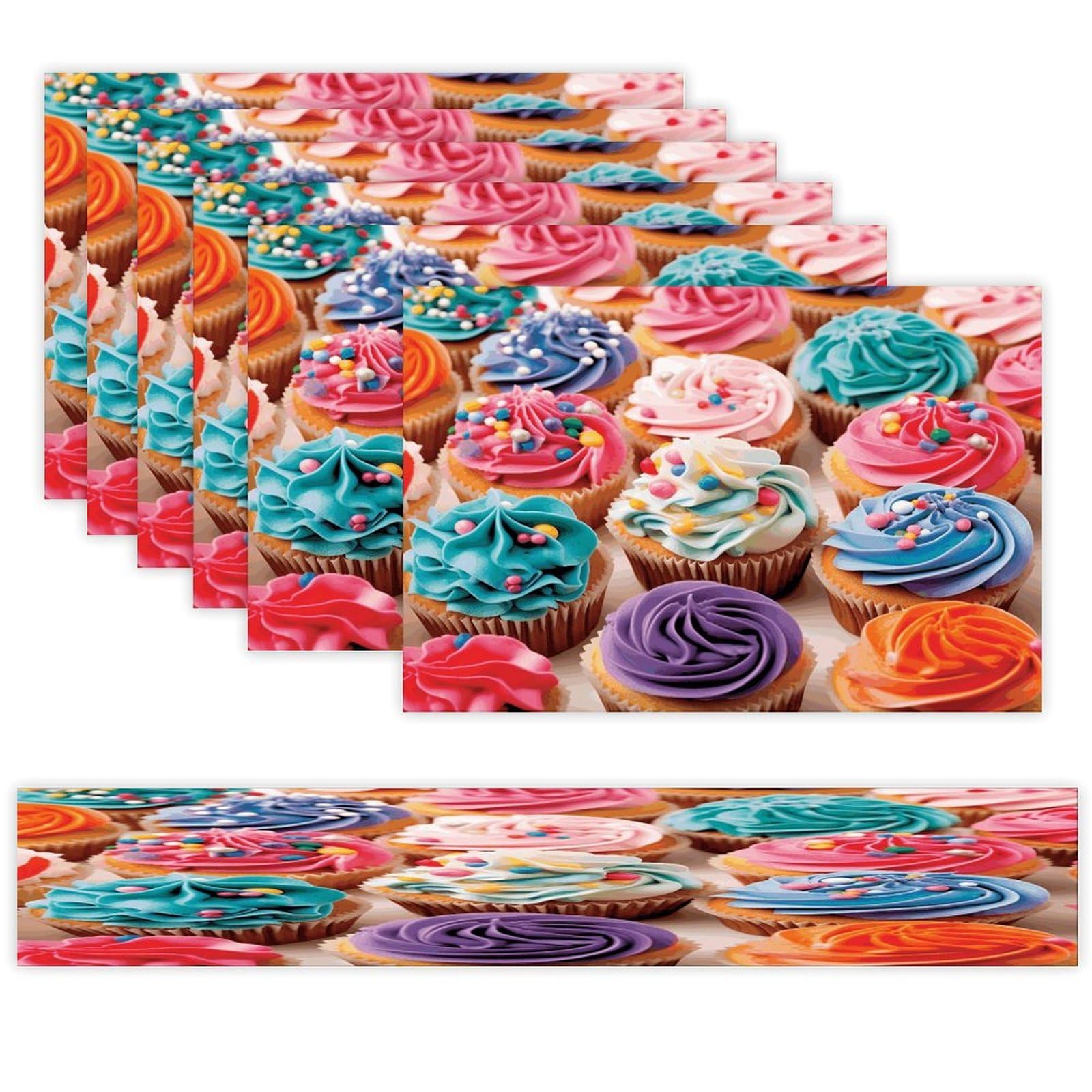 Birthday Cupcakes Table Runner and Placemats Set of 6 for Kitchen Washable Table Mats Heat Resistant Place Mats Non-Slip Place Mat Wipeable Placemat(6 Placemats+1 Table Runner)