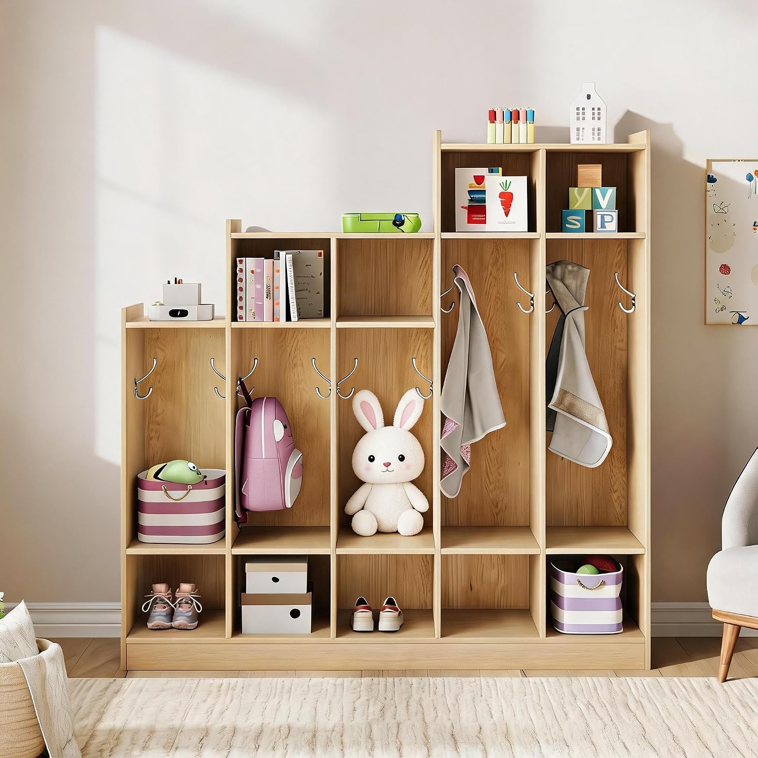 TrailBlaze 5-Section Kids Coat Locker - 9 Cubbies, 10 Hooks - Wooden Storage Organizer for Home, School, Nursery, Kindergarten - Natural Wood Color