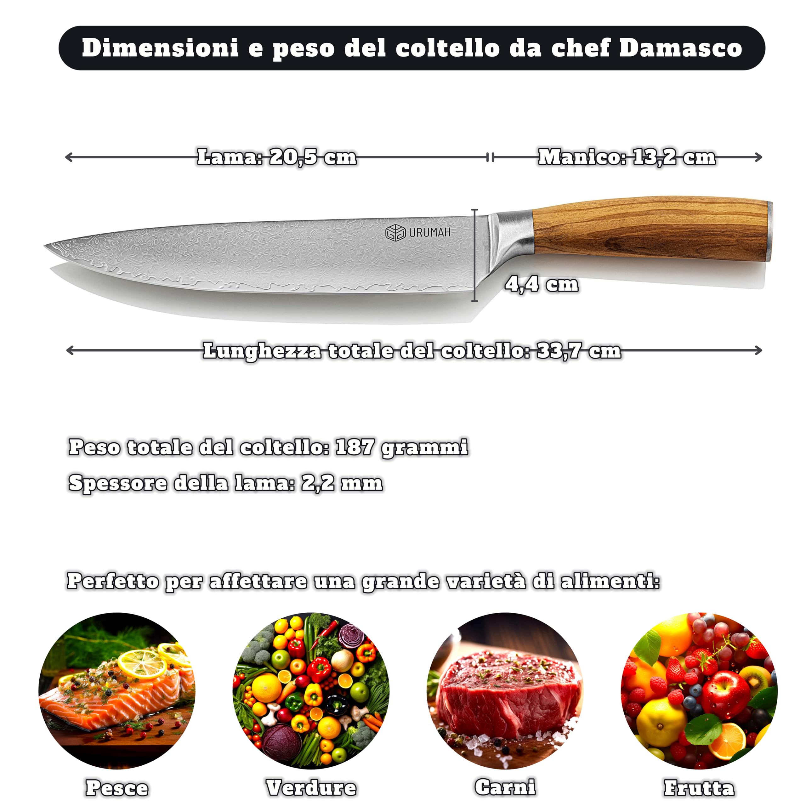 URUMAH Coltello da Cucina Giapponese 20cm Damasco a 67 strati acciaio inossidabile, manico in legno di ulivo, con custodia protettiva e confezione regalo. Coltello da chef in Damasco