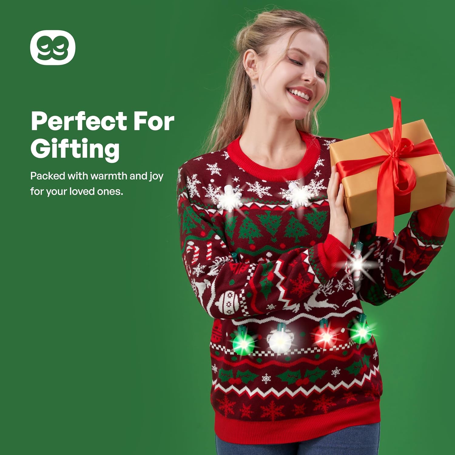 Giggling Getup Ugly Christmas Sweater with Light, LED Ugly Christmas Sweater for Women Men Kids 2025 Nordic Pattern(Red)
