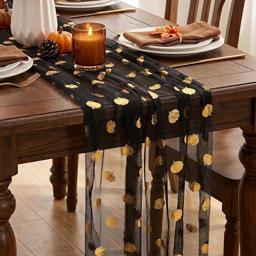 Artscope 6Pcs Black Gold Gauze Fall Pumpkin Table Runner