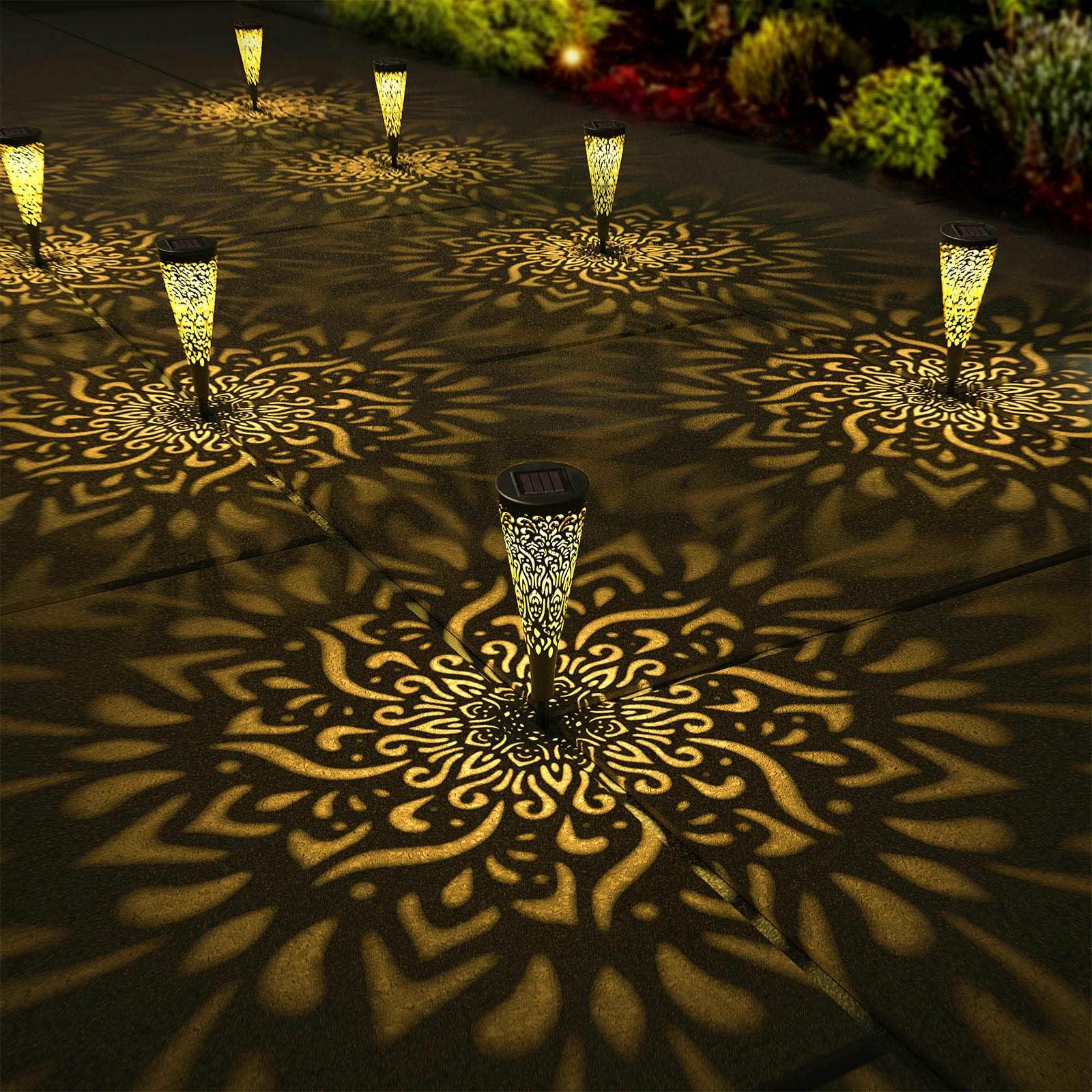 6 Pack Solar Lights Outdoor Garden Decorative Mandala Solar Garden Lights with Warm Light Waterproof Solar Pathway Landscape Lights for Path Patio Backyard Walkway Yard Lawn Decor (Black)