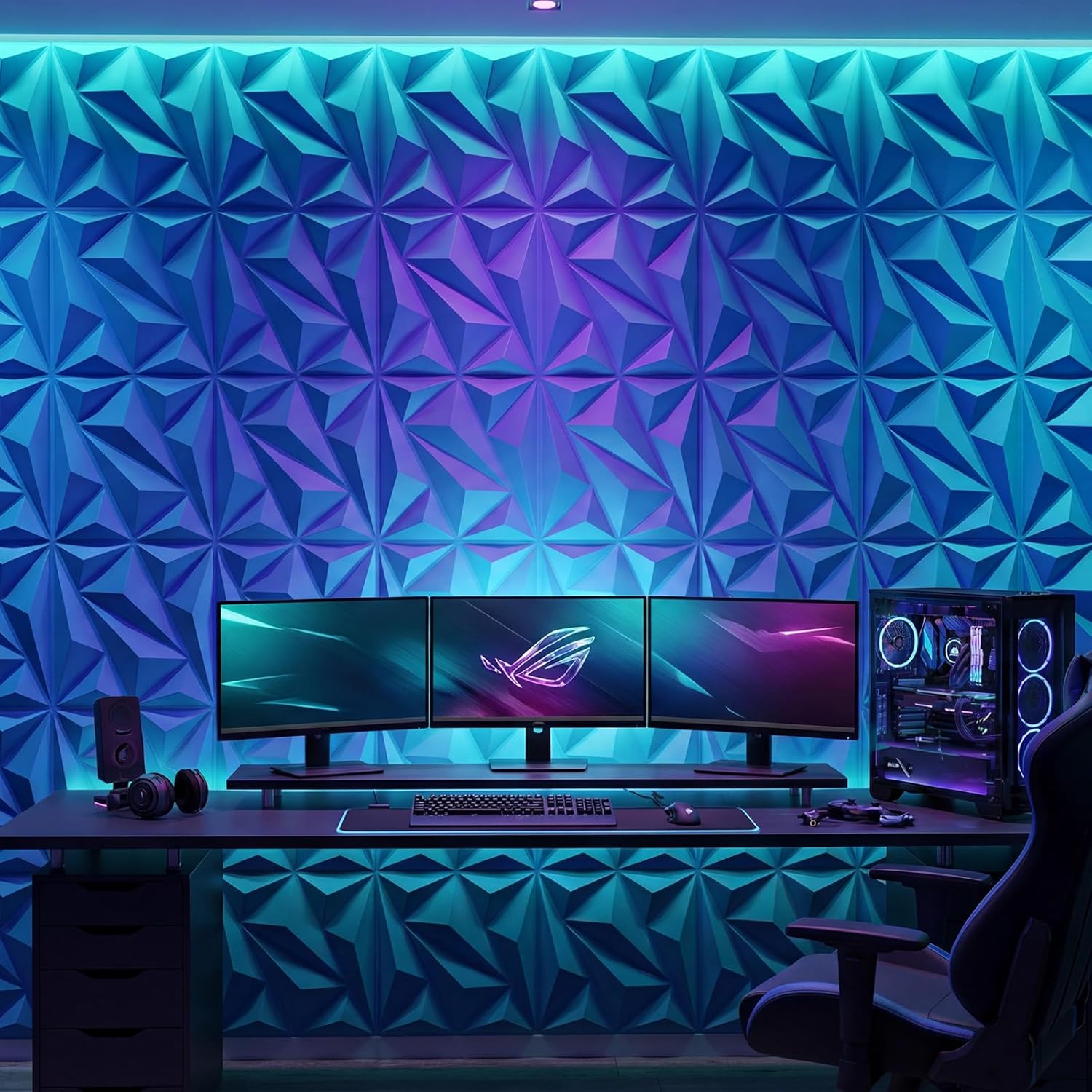 3D Wall Panel Diamond for Interior Wall Decor,Waterproof, Heat Resistant PVC Wall Panel 19.6''x19.6'' Diamond Accent Panels for Living Gaming Room, Bedroom, Office, 12 Pack (Blue)