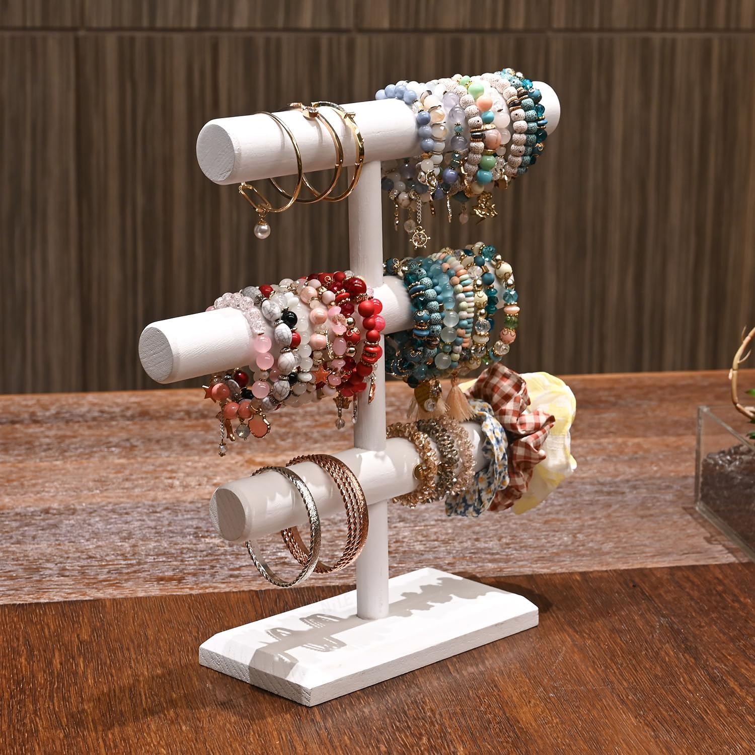 MOOCA Free Assembly 3-Tier Wooden Jewelry Display Stand, Bracelets, Necklaces, Watches, Bangles Holder Stand, Accessory Display Storage Organizer, Wash White Color