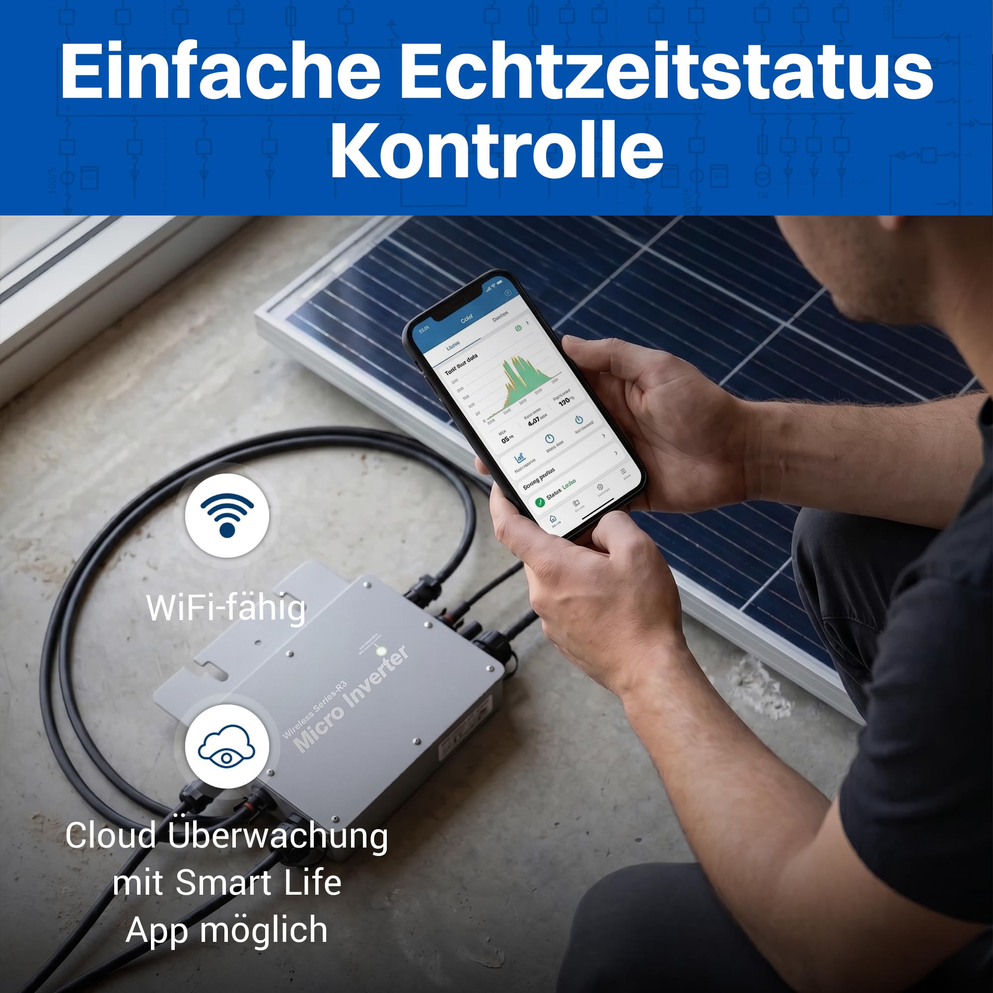 Intratec Mikro Wechselrichter WVC-800W – IP 65 Wechselrichter Balkonkraftwerk MPPT mit WiFi & Cloud-Überwachung für einfache Plug and Play Installation – 283 x 200 x 41,6mm