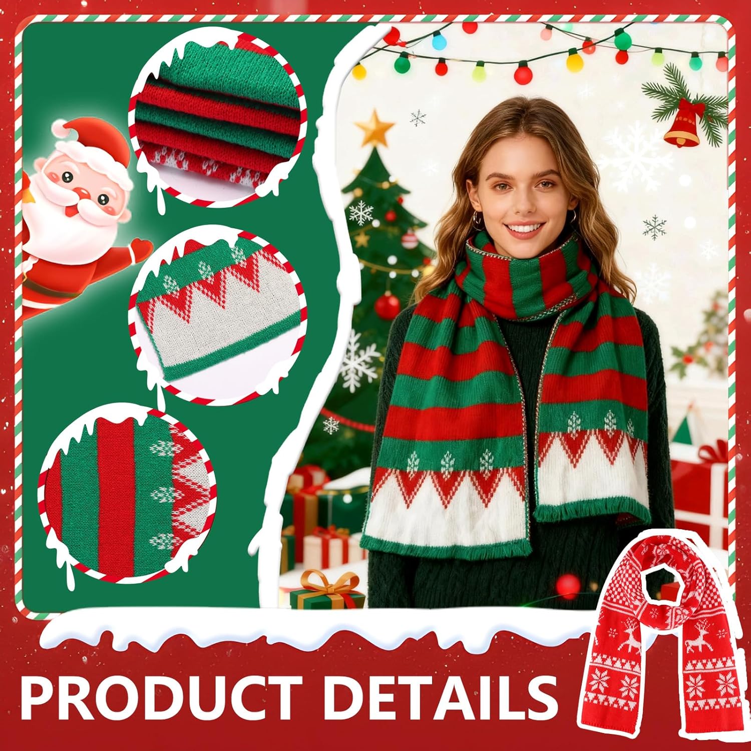 8PCS Christmas Knitted Hat and Santa Scarf Set, Elf Hat Crochet Christmas Scarf, Xmas Party Hats with Pompom, Knitted Caps for Adult Teens XAMS Photo Booth Props XAMS Gift Xmas Costume Accessories - Image 4