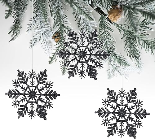 Miniatura 4 de Adornos de copos de nieve de plástico con purpurina de 4 pulgadas (30 unidades, negro)