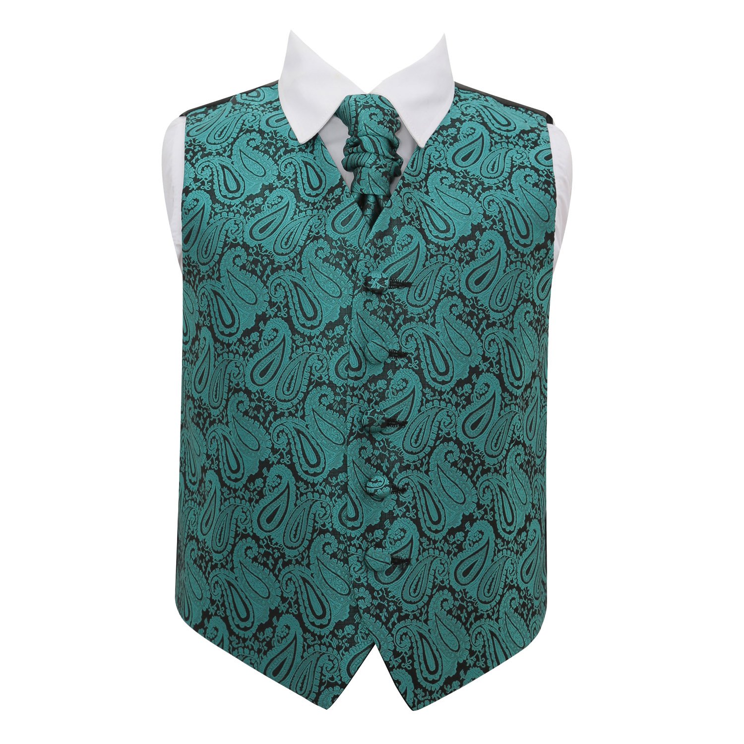 Dqt Boys Teal Paisley Floral Waistcoat & Cravat Set (2Pc) - Wedding Party & Formal - 34" (13–14 Years)