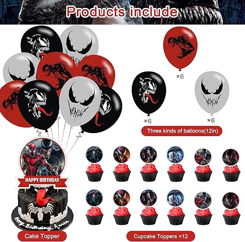 Miniatura 3 de Venom 2 - Decoraciones de fiesta de cumpleaños Venom 2, incluye pancarta, adornos para pasteles, adornos para cupcakes, globos, calcomanías, rojo,