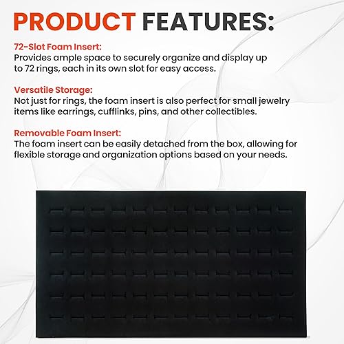 Miniatura 6 de Novel Box - Anillo negro para exhibir 72 ranuras de espuma de 14.25 x 7.62 x 0.62 pulgadas, espuma de almacenamiento de anillos para sostener