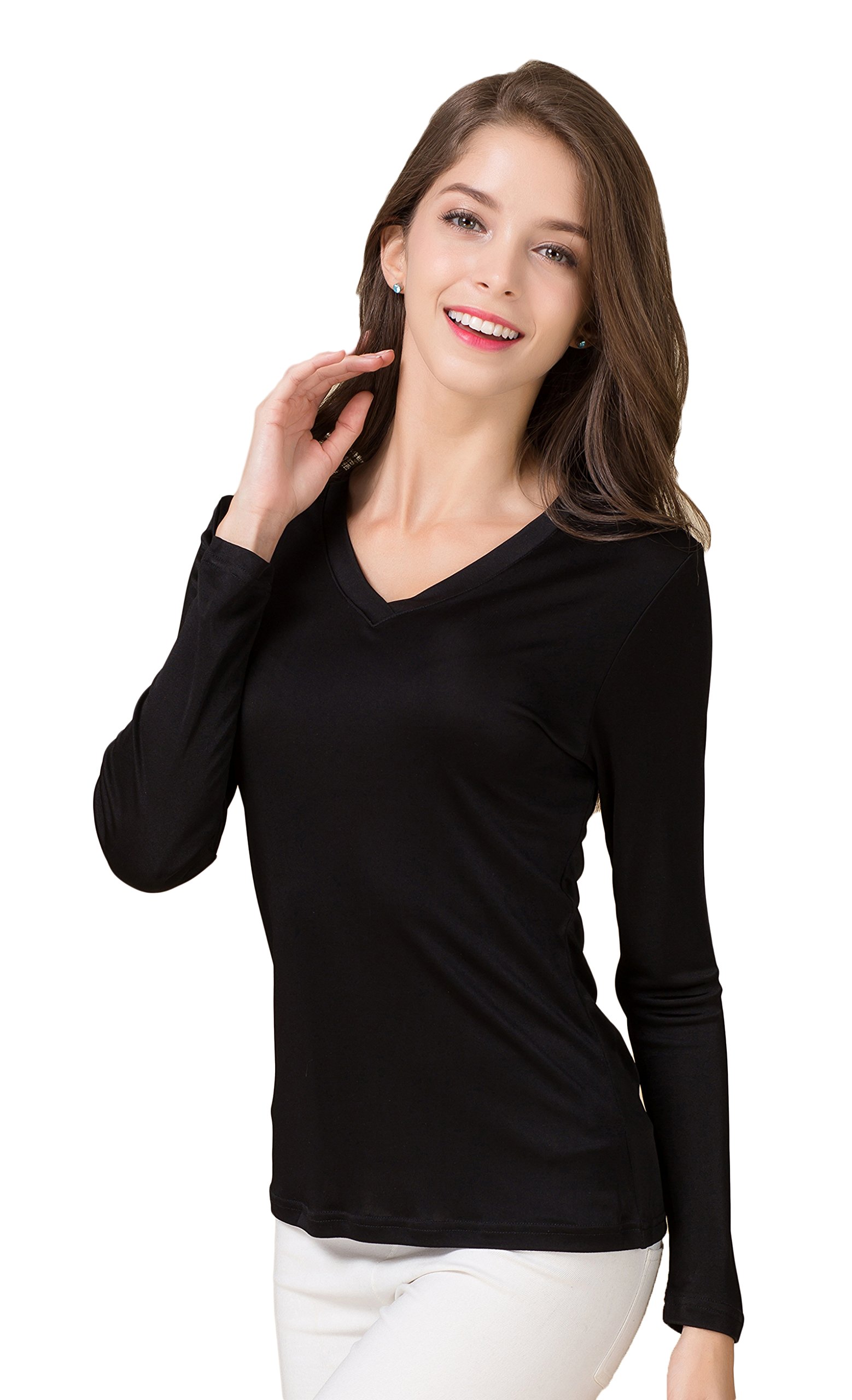 CLC Women's Mulberry Silk T-Shirt Long Sleeve V-Neck Tank Knit Fabric