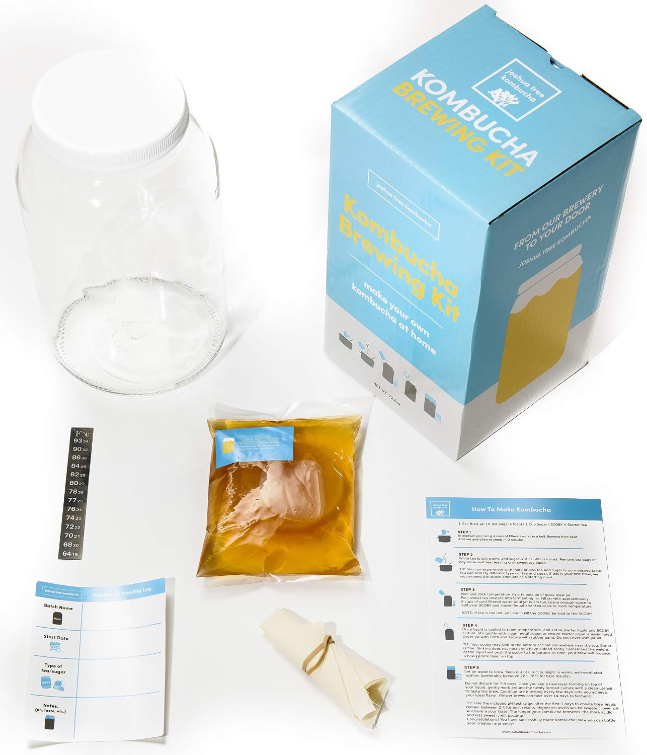 Joshua Tree Kombucha Basic Starter Kit - Basic Homebrew Kit Contains Kombucha SCOBY with Strong Starter Liquid, 1 Gallon Glass Fermenting Jar, Cloth Cover, Easy Brewing Instructions