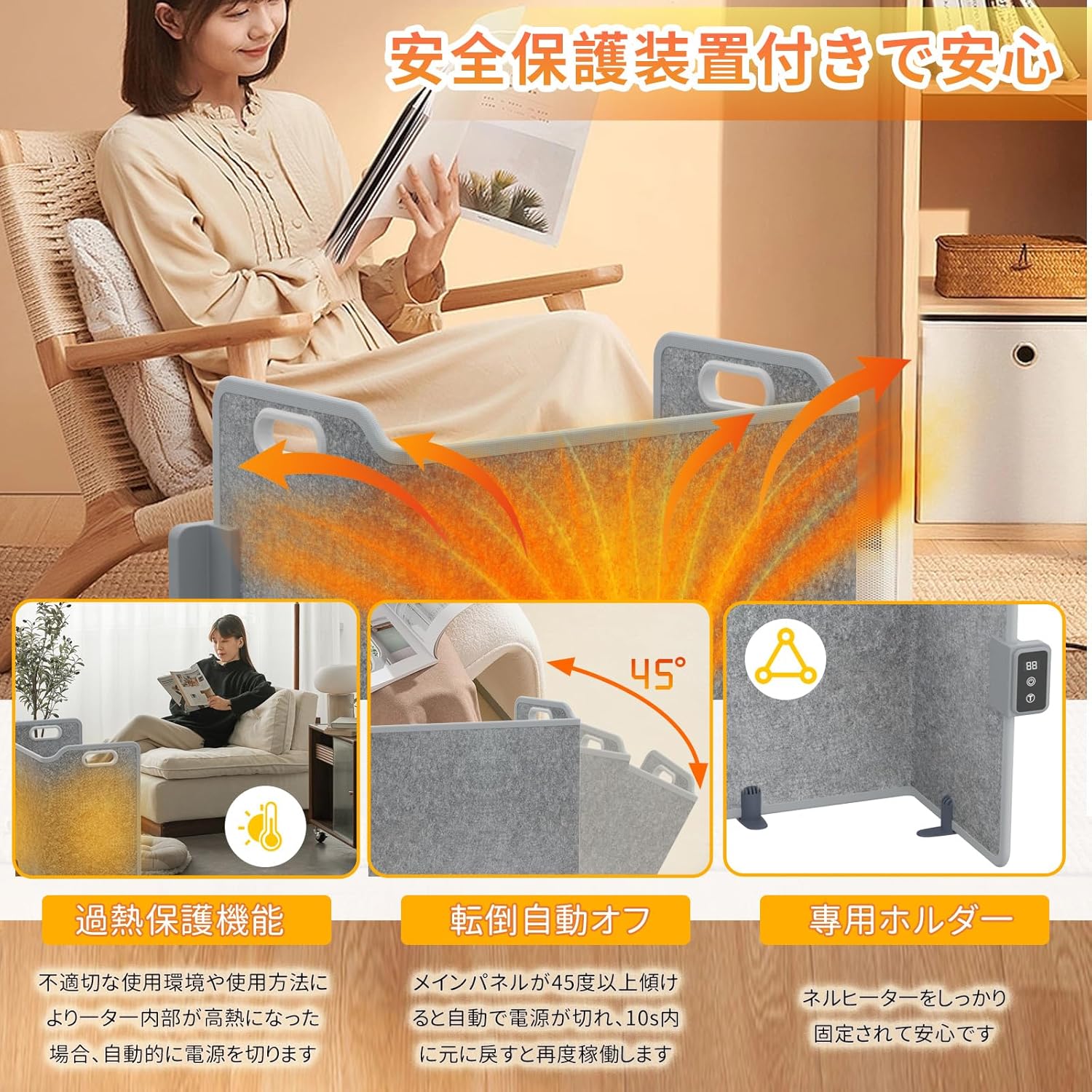 パネルヒーター【四面発熱＆10秒速熱＆5段階温度調節】 足元ヒーター デスクヒーター 一人用 こたつ 5段階温度(45℃/50℃/5