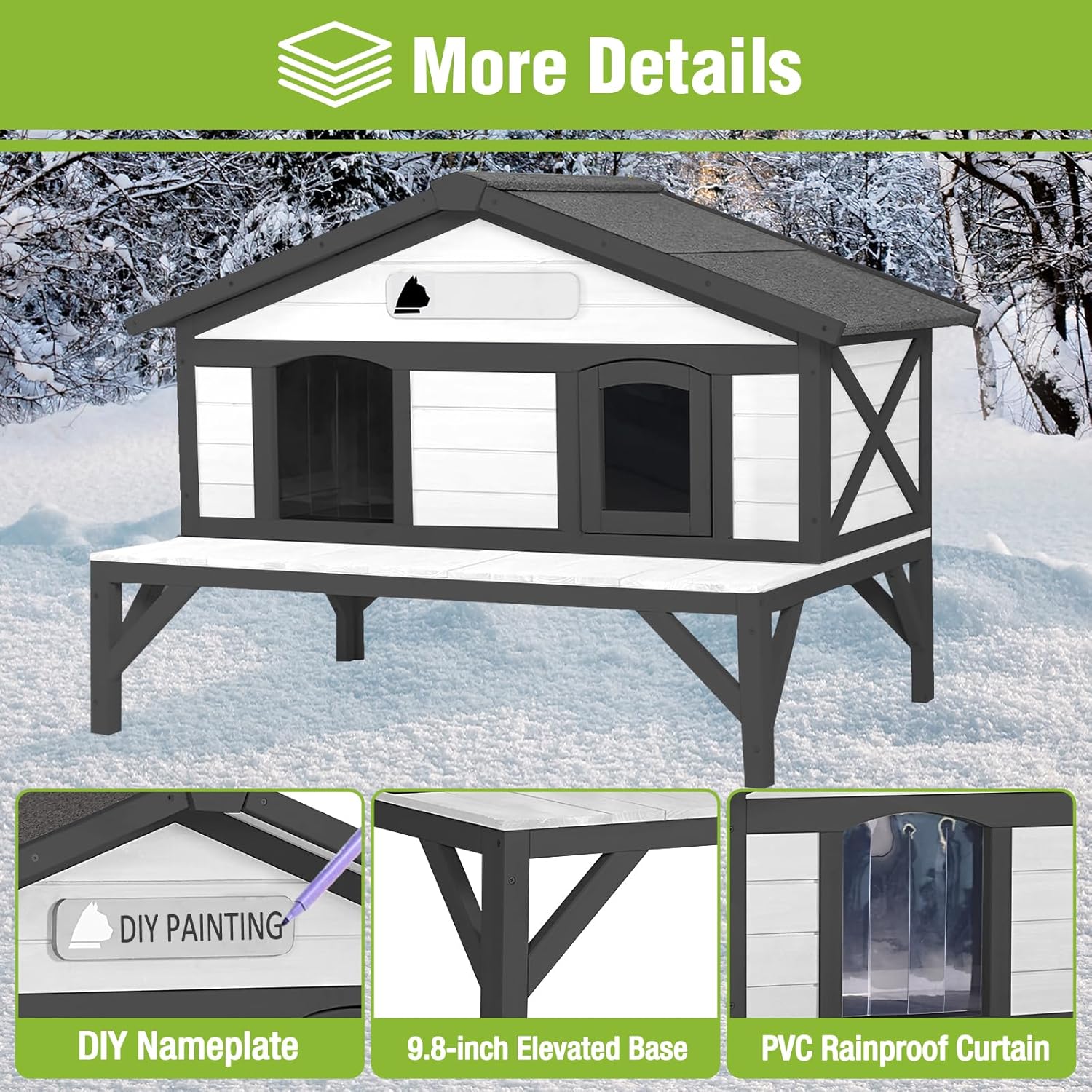 GUTINNEEN Heated Cat House for Outside, Outdoor Cat House Weatherproof Insulated Feral Cat Shelter with Anti-Chewing Electric Heating Pad, Elevated Base & DIY Nameplate, 43.5" L(Black and White)