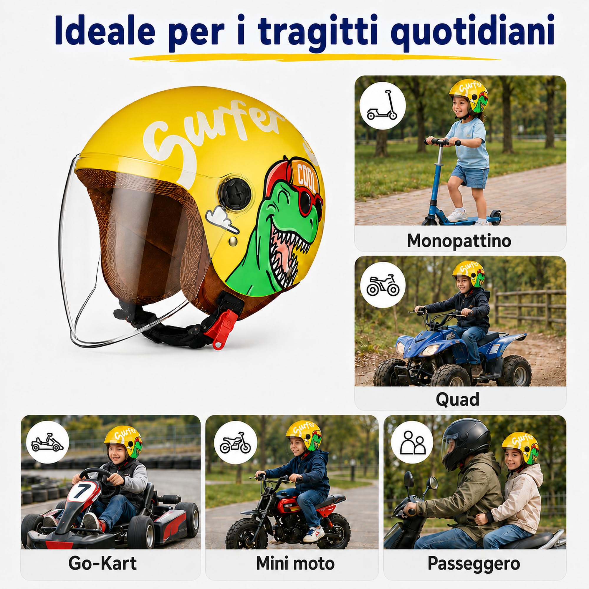 FREEUP Casco moto bambino, Casco jet con visiera per Ragazzo E Ragazza, DOT/Certificazione ECE, chiusura rapida, smontabile, lavabile, 48-55cm