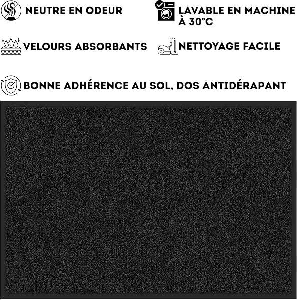 casa pura Tapis Entrée sous Porte Rhine Noir,Paillasson Absorbant Lavable en Machine à Laver,Enlève salissures,Dos en TPE Durable et antidérapant,Passe sous la Porte 7 mm d'épaisseur - 90x120 cm - 2