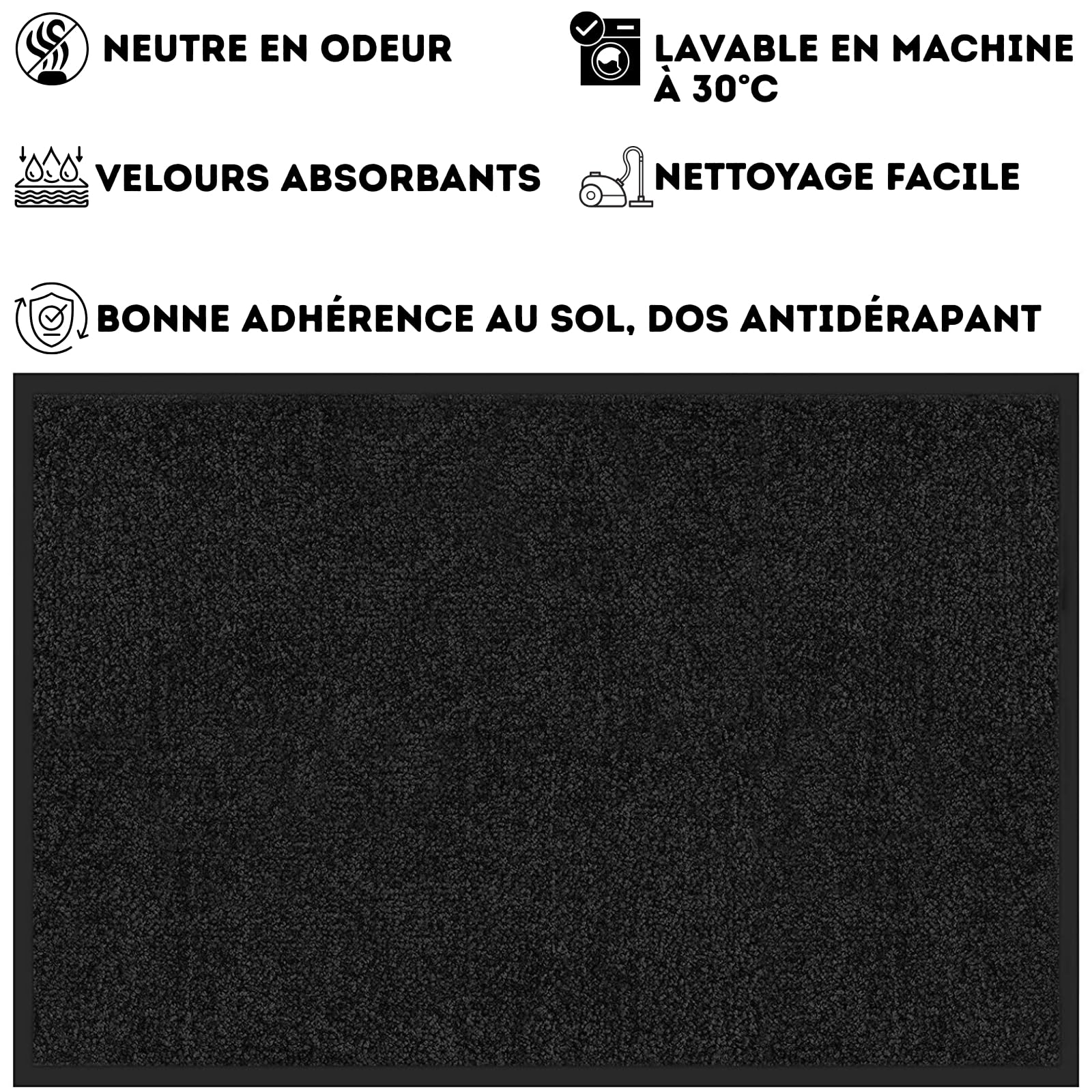 casa pura Tapis Entrée sous Porte Rhine Noir,Paillasson Absorbant Lavable en Machine à Laver,Enlève salissures,Dos en TPE Durable et antidérapant,Passe sous la Porte 7 mm d'épaisseur - 90x120 cm - 2