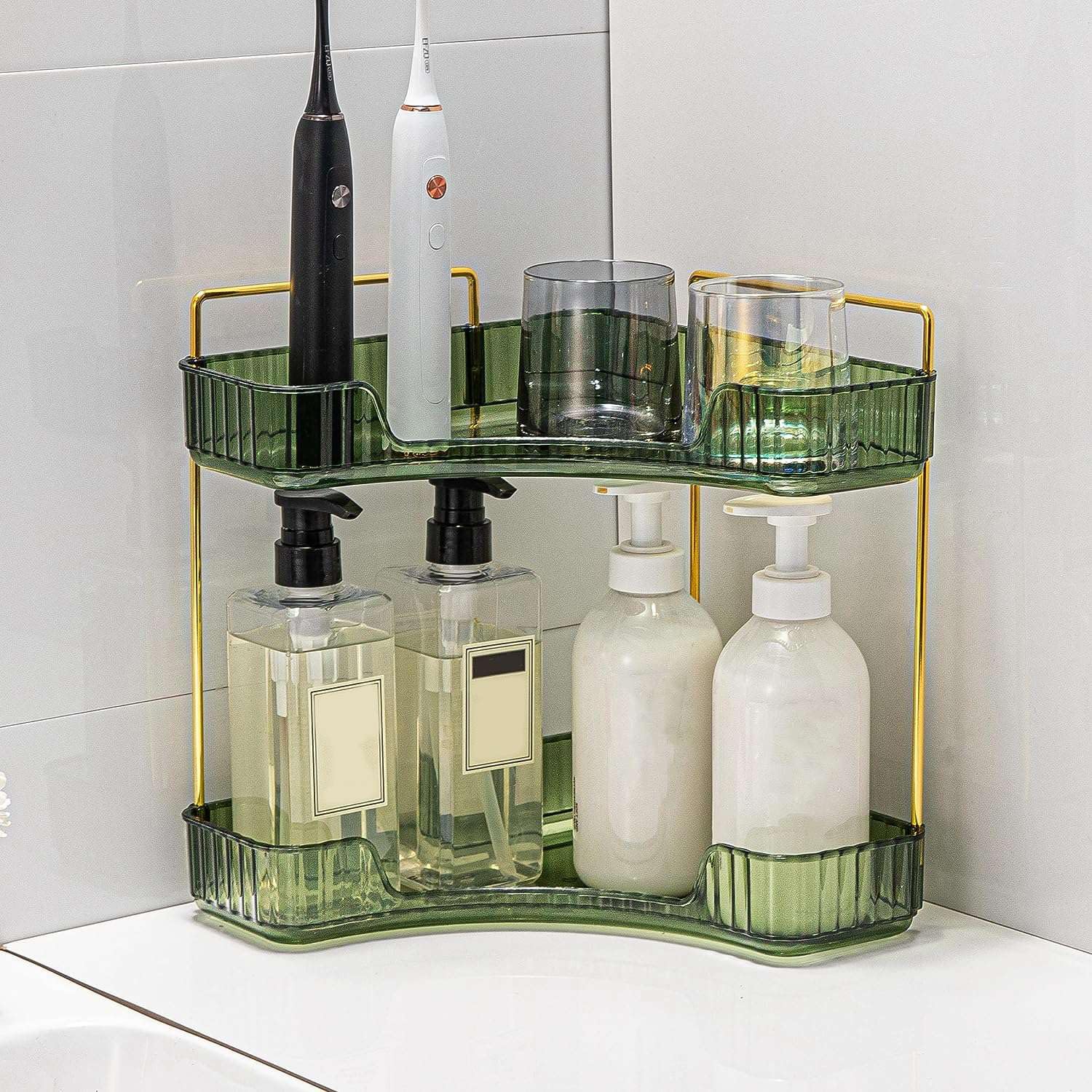 Forbena Organizer Angolare Per Bagno 2 Ripiani - Bianco E Oro, Piccolo Ripiano Superiore Per Lavello, Per Trucchi, Profumi E Cura Della Pelle