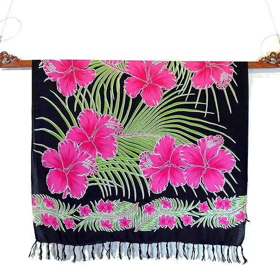 Amazon パレオ 大判 水着 パレオ ０３５ タヒチアンダンス マルチカバー 黒ｘピンクのハイビスカス オーバーウェア 通販