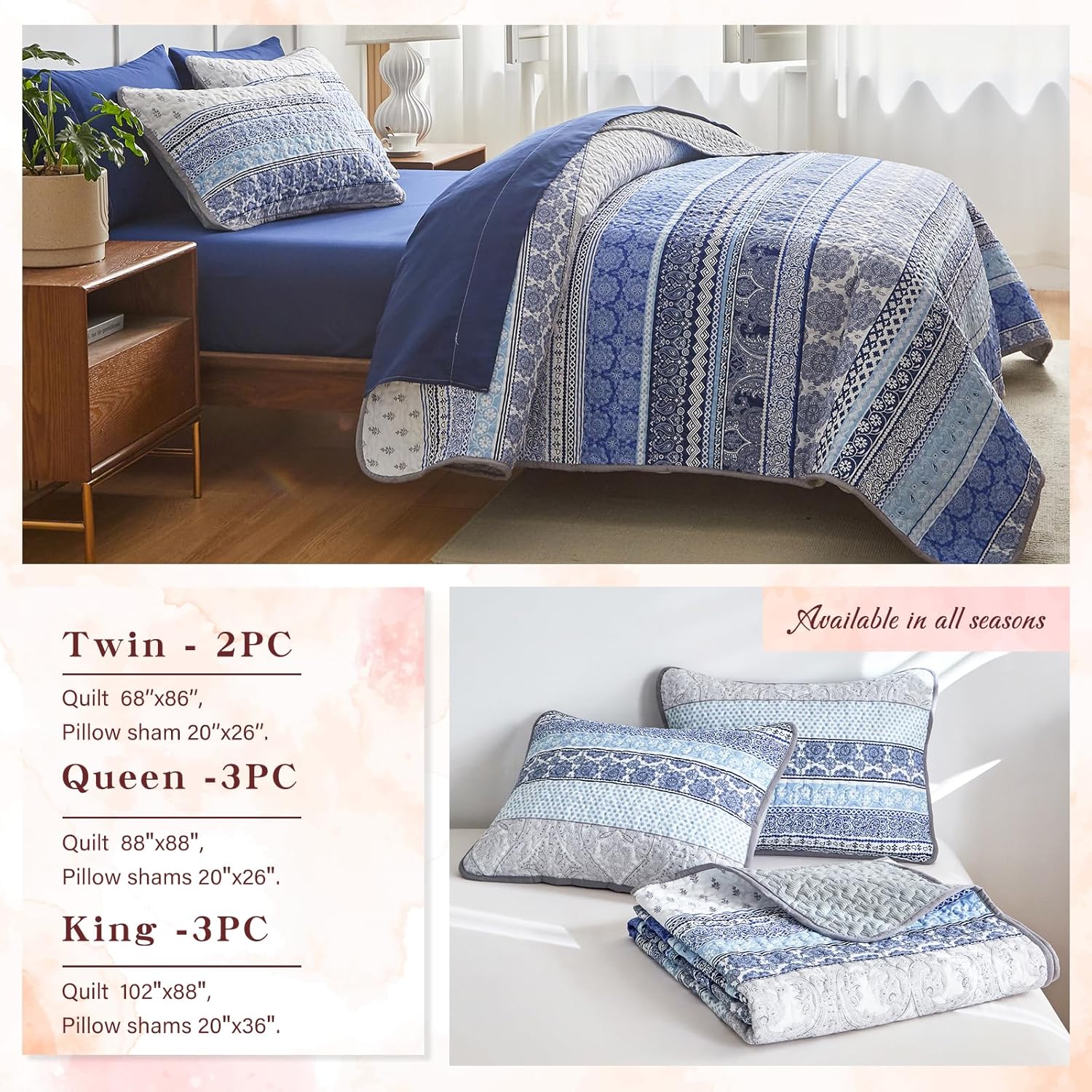 Tititada 3 Pieces Colorful Bohemian Quilt Set Full Queen Size, Blue n Grey Boho Striped Printed Bedding Bedspread Coverlet Set for Summer, Soft Lightweight Microfiber Quilt with 2 Shams (88x88 inces) - Image 5