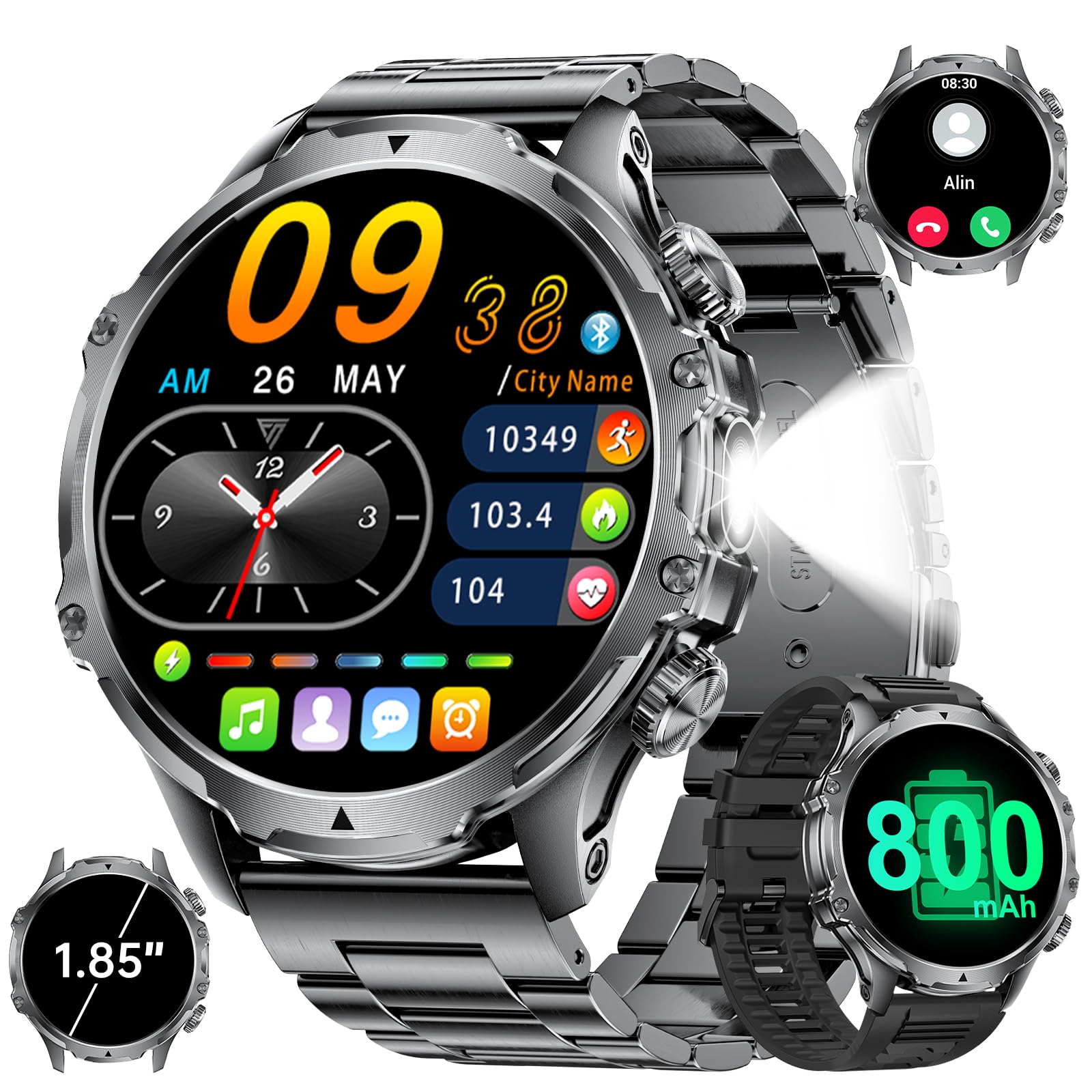 LIGE Smartwatch Uomo con Torcia LED/800mAh, 1.85'' Orologio Smart Watch con Chiamata Bluetooth, IP68 Impermeabile 110+ modalità Sportive e Sonno per Android iOS