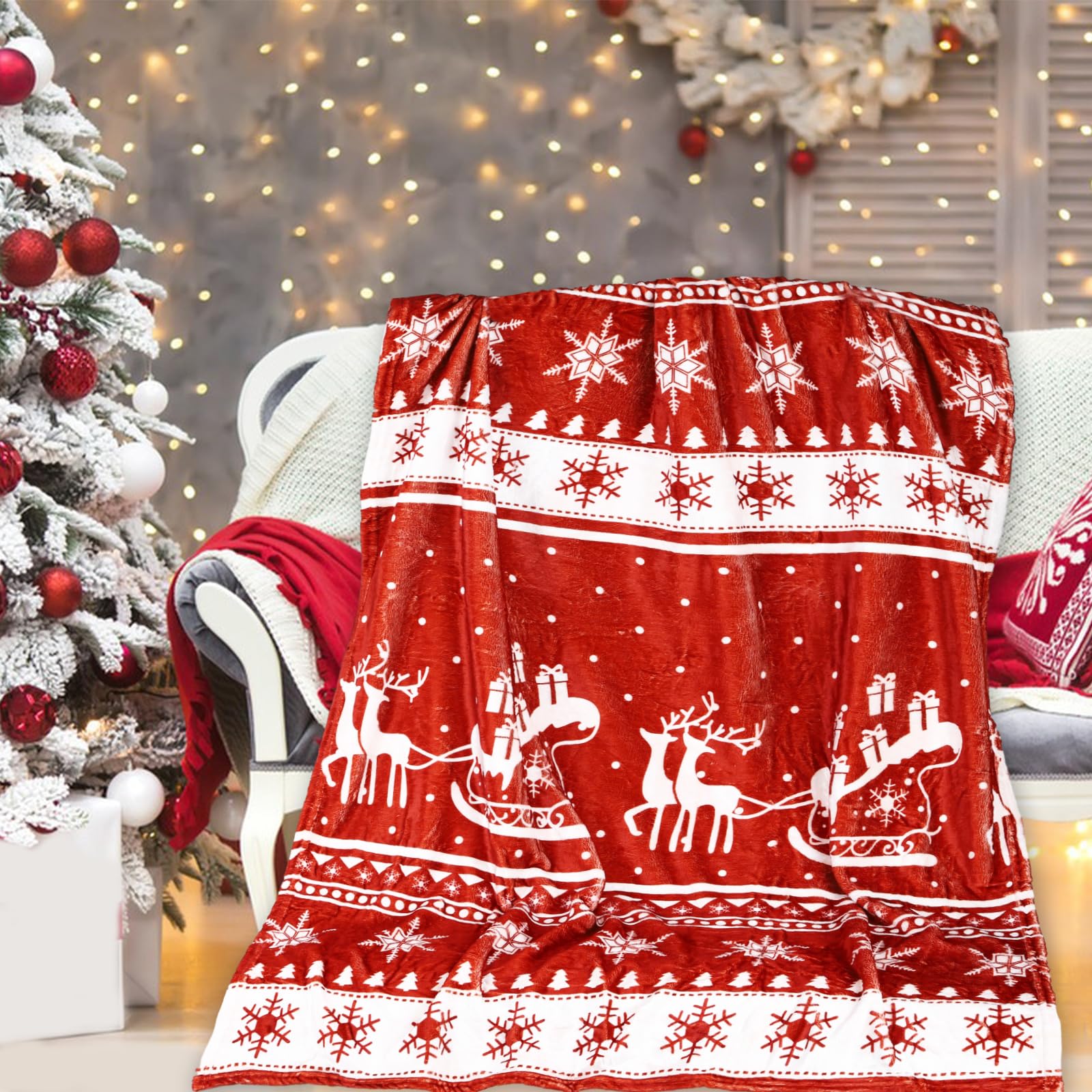 TSLBW 100 * 150cm Christmas Blanket, Washable Flannel and Sherpa Reversible Blankets, for Sofa Bed, Living Room (Red-B)