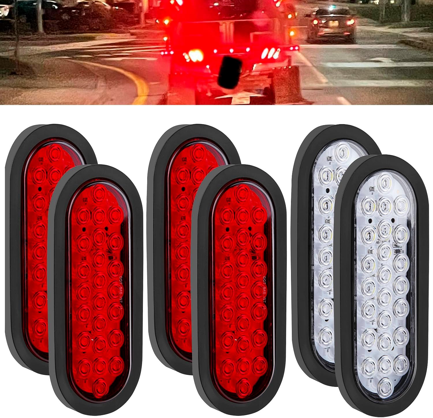 6" Inch Oval Led Trailer Tail Lights Red Turn Stop Tail Brake Trailer Lights 24 Diodes 3-pin Plug & Flush Mount Grommets Waterproof Replacement for RV Trucks （4 Red + 2 White