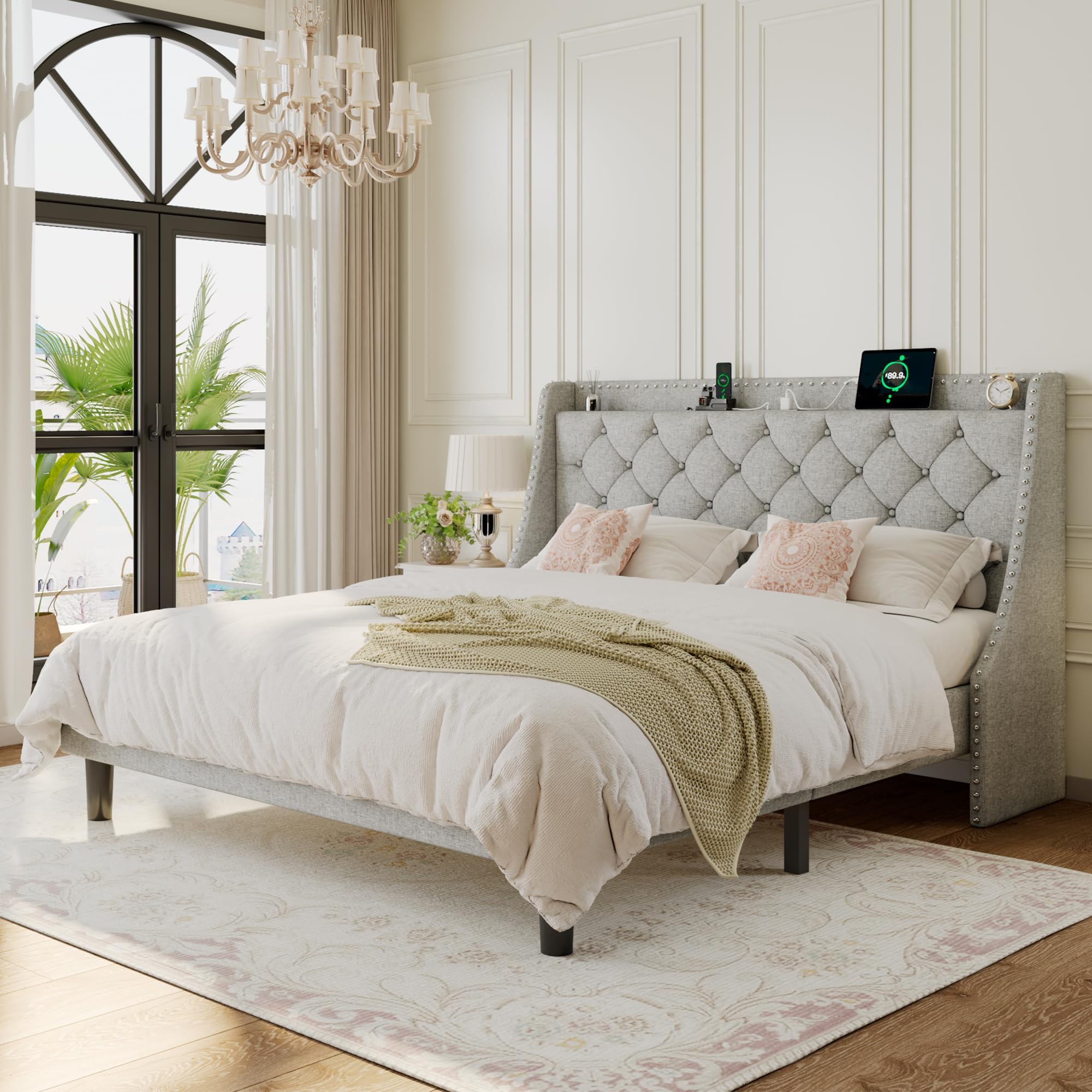 King Size Bed Frame with Storage Headboard, Upholstered Platform Bed with Wingback Button Tufted Headboard, Heavy Duty Slats Support, No Box Spring Needed, Charge Station, Light Grey