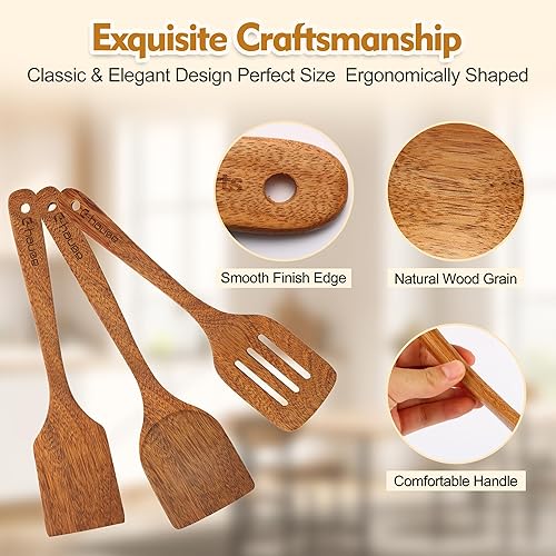 Miniatura 6 de Utensilios de cocina de madera, espátulas de madera, espátulas antiadherentes, juego de utensilios de madera para cocina, cuchara de madera de teca