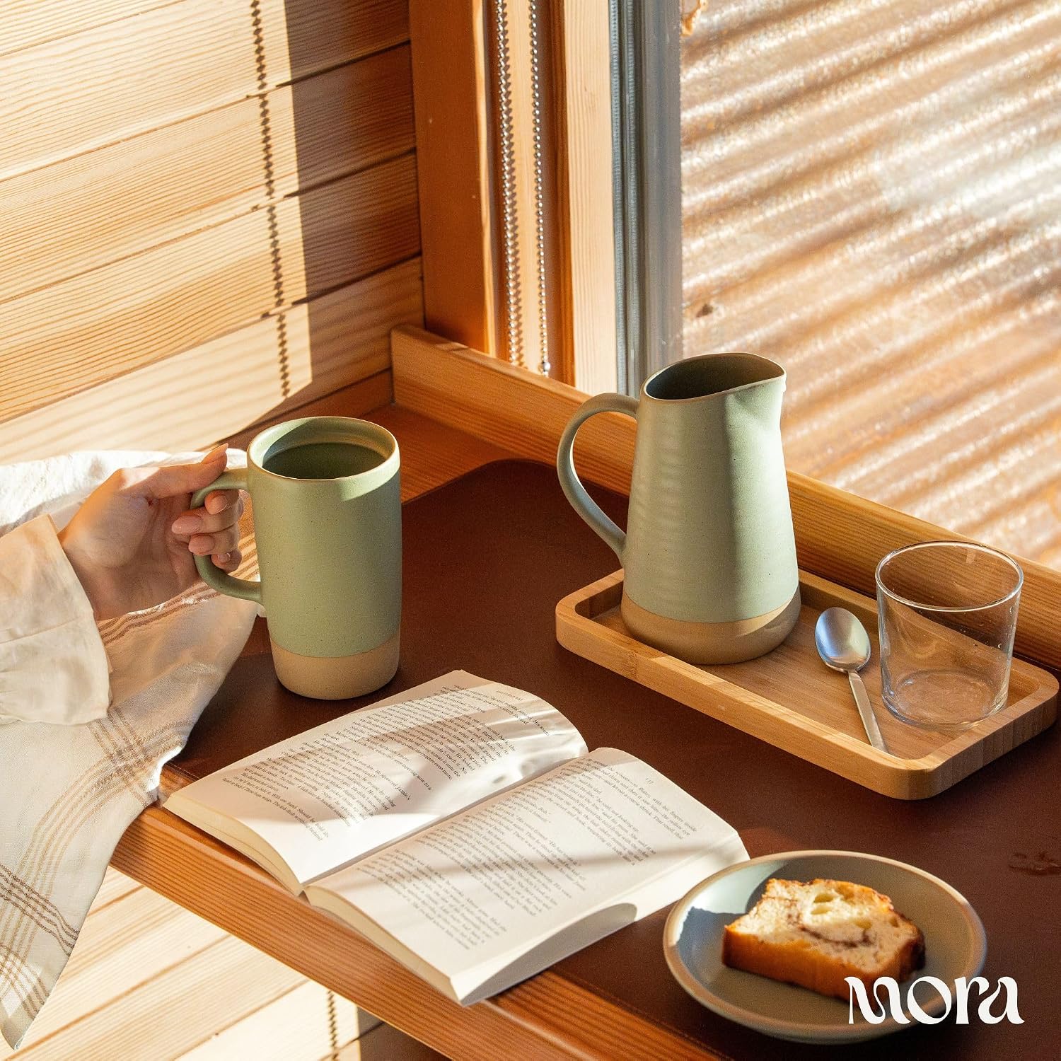 MORA Ceramics Large Tea Mug with Loose Leaf Infuser and Ceramic Lid, 18 oz, Portable, Microwave, Dishwasher Safe, Tall Coffee Cup - Rustic Matte Ceramic Glaze, Modern Herbal Tea Strainer, Thyme