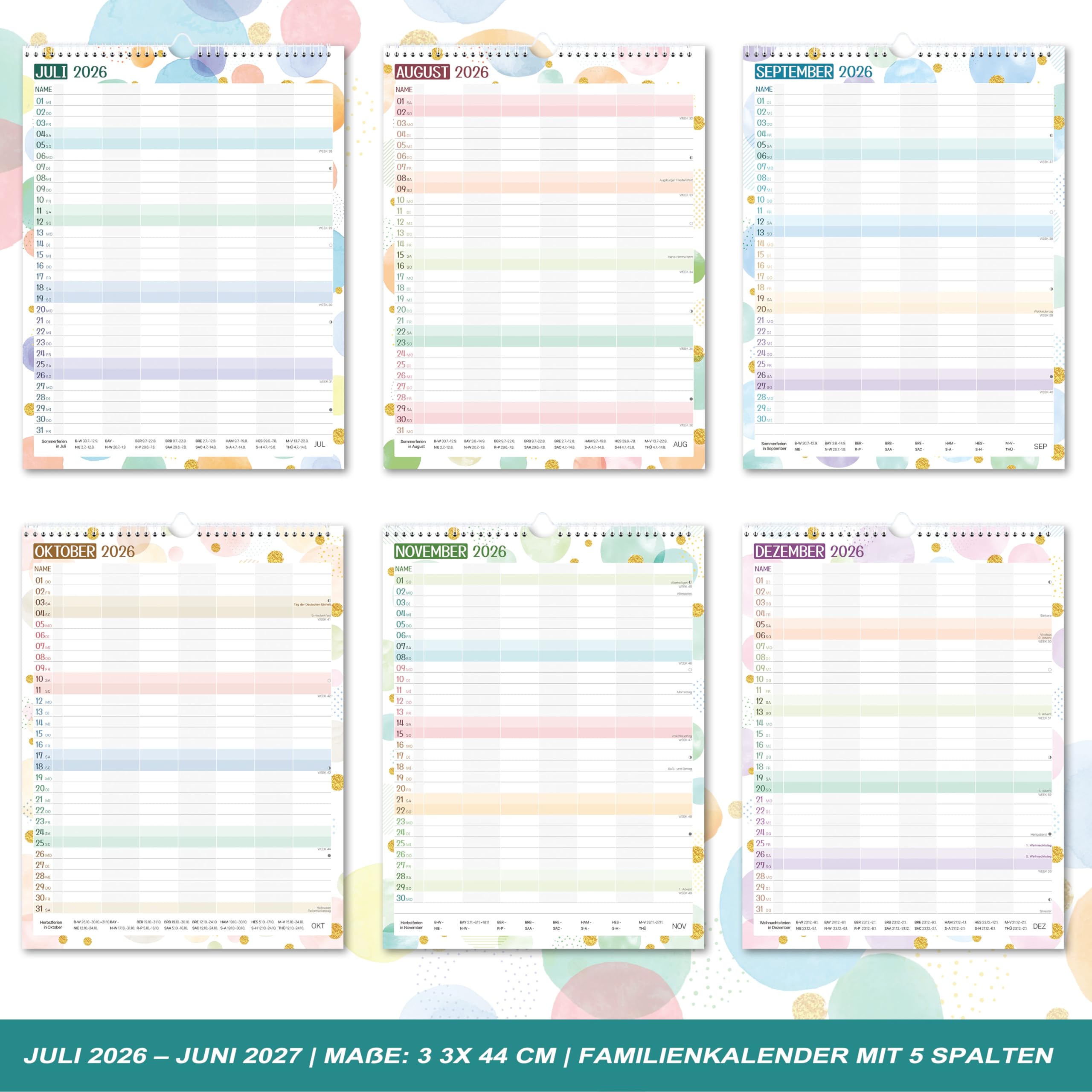 Planificateur familial 2026-2027 - Calendrier familial 7 colonnes juillet 2026 à décembre 2027 - 33 x 44 cm - Bulles colorées