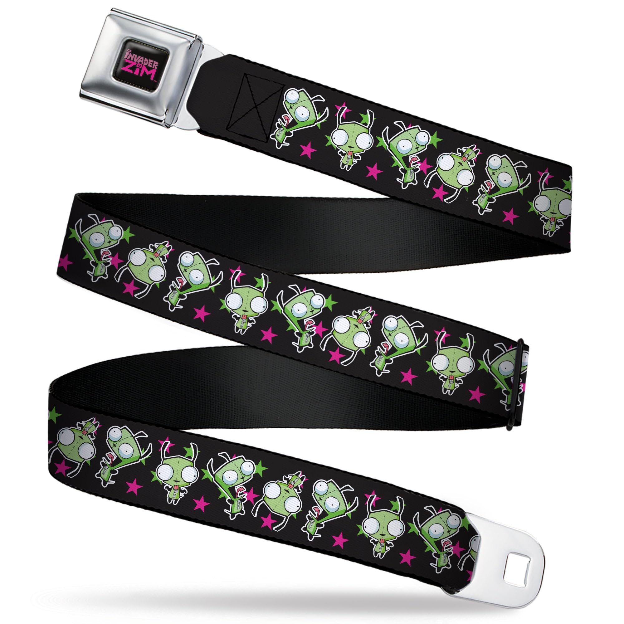 Buckle-Down Unisex Black Invader Zim Belt, Seatbelt Buckle Belt, Invader Zim Gir Poses And Stars Scattered Pink, 30 To 44 Inches, Adult Xl (34"-52")