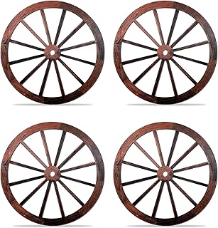 4 Pcs Wooden Wagon Wheel Wall Decor 10 Inches Old Western Wall Art Boho Farmhouse Wagon Wheels Vintage Wood Garden Wagon Wheel for Yard Decor Garden Home Bar Garage Decorative