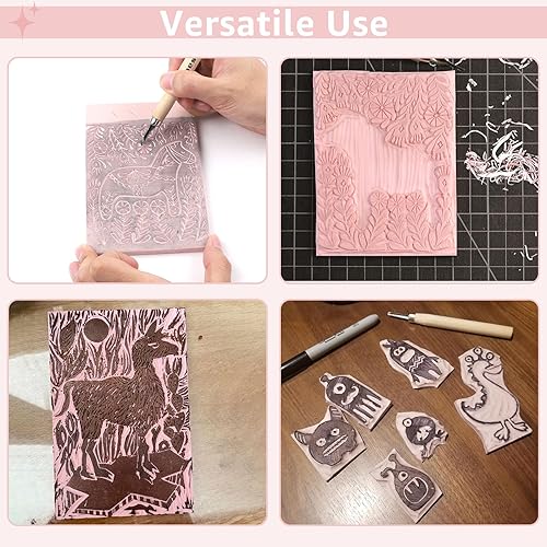 Miniatura 7 de Kit de 10 sellos de goma, kit de impresión de bloques, herramientas de tallado de linóleo con 8 cuchillas tipo, 8 bloques de tallado de goma rosa