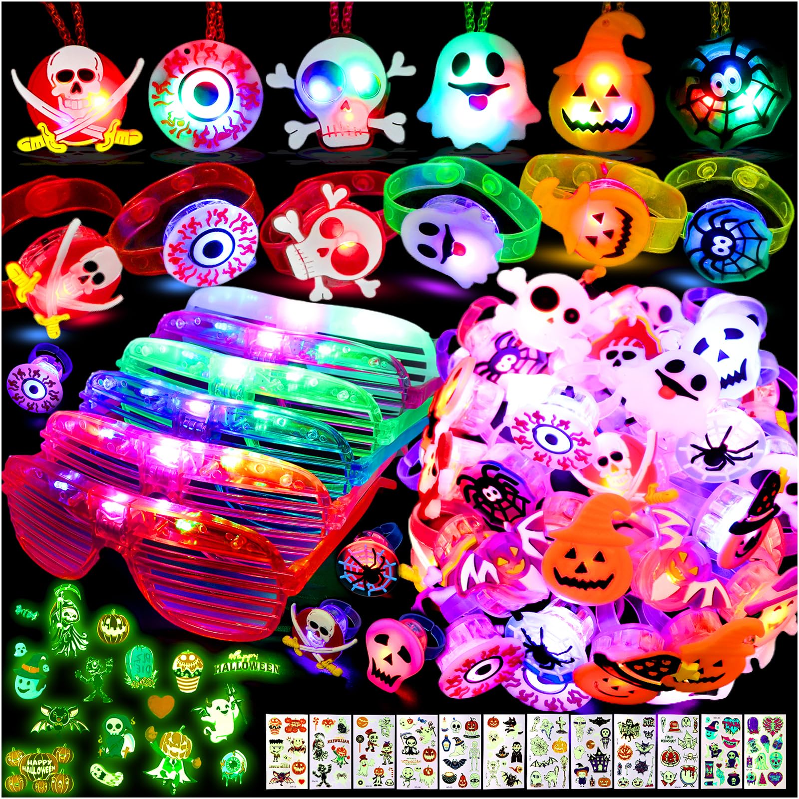 Halloween Light Up Toys Party Favors - 60PCS LED Trick or Treat Party Suppliers for Kids Gift Exchange Classroom Halloween Goodie Bag Fillers Glasses Bracelets Necklace Rings and Tattoos