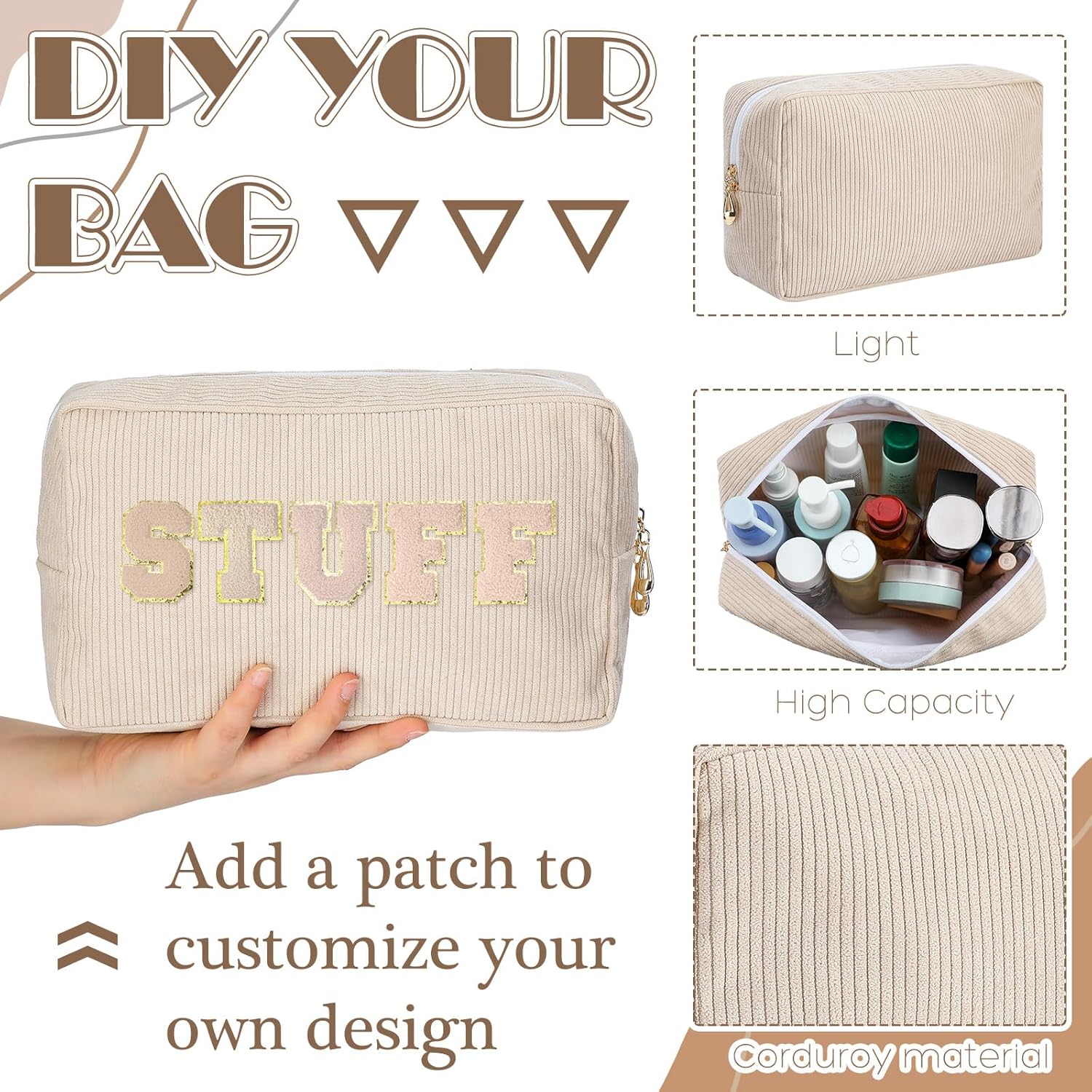 Amylove 12 Pcs Corduroy Makeup Bag Large Capacity Preppy Cosmetic Bag Bulk DIY Daily Use Plain Portable Makeup Pouch Travel Purse Organizer Storage for Women Xmas Gift(Stylish Colors) - Image 3